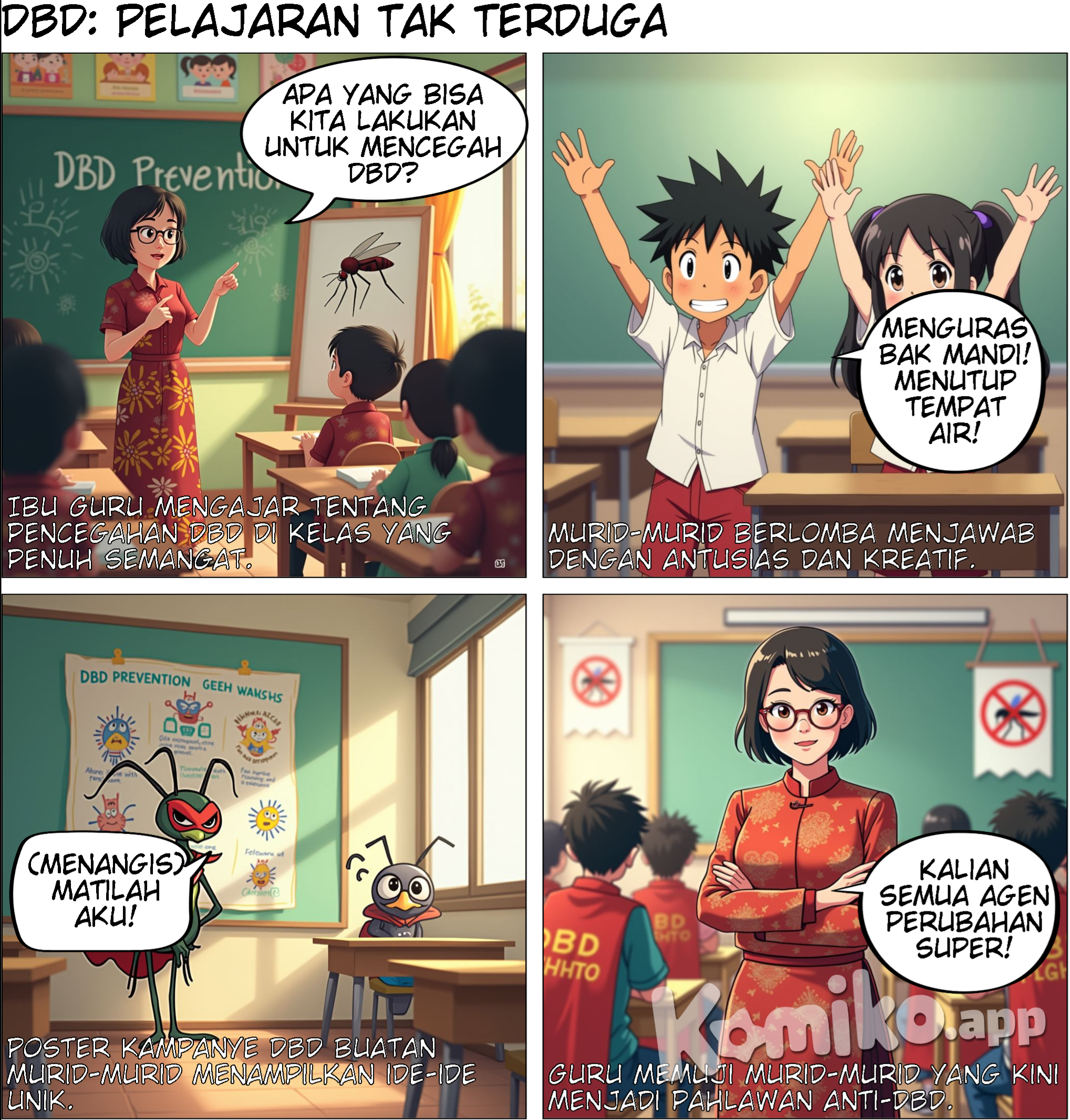 Panel 1: Di sekolah, guru mengajarkan murid-murid tentang DBD. Guru: "Apa yang bisa kita lakukan untuk mencegah DBD?" Panel 2: Murid-murid menjawab. Murid 1: "Menguras bak mandi!" Murid 2: "Menutup tempat air!" Panel 3: Gambar poster kampanye pencegahan DBD yang dibuat oleh murid-murid. Panel 4: Guru tersenyum. Guru: "Bagus! Kalian semua harus menjadi agen perubahan di lingkungan kalian."