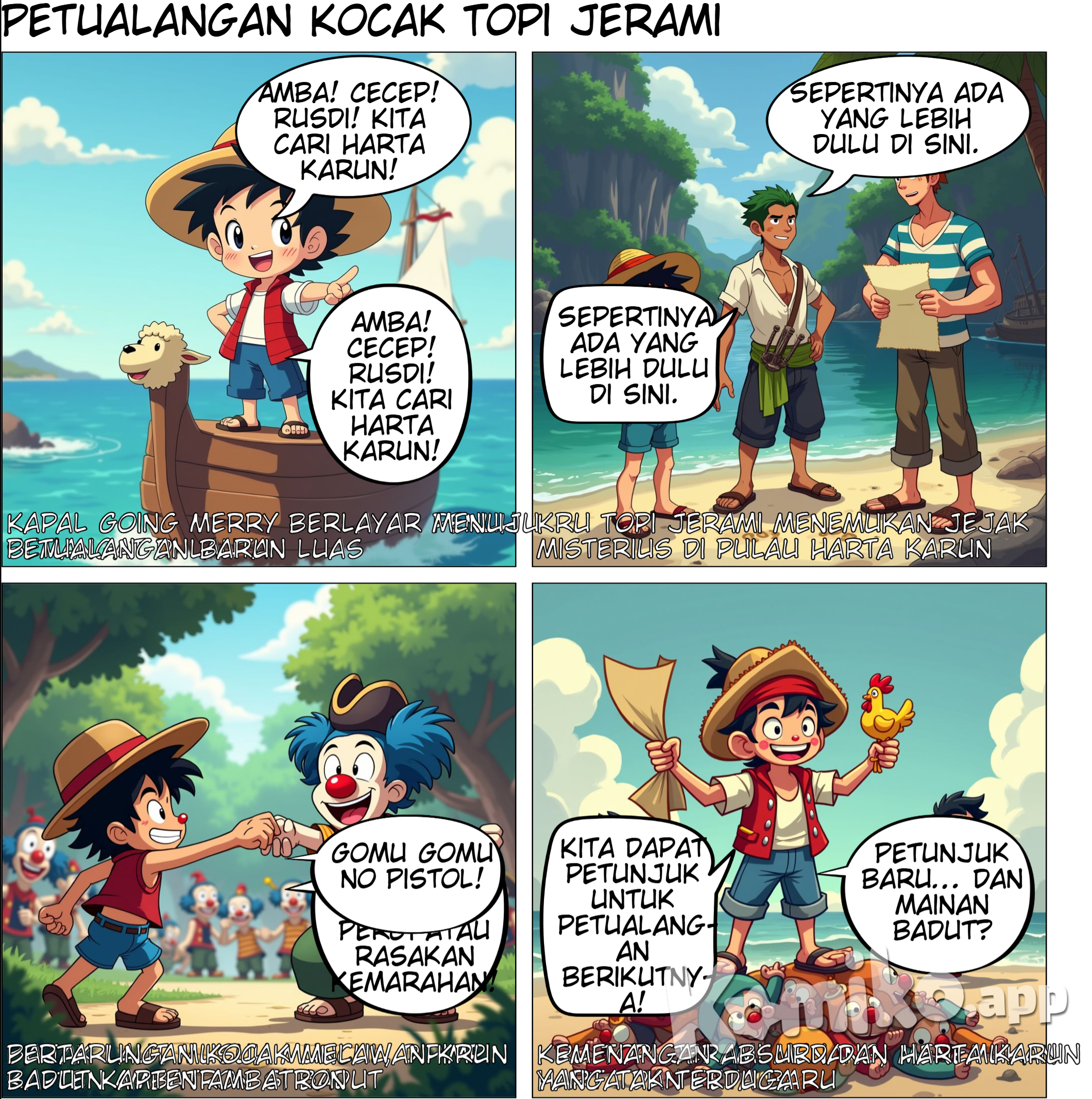 Di tengah lautan yang luas, kapal Going Merry melaju dengan penuh semangat. Di atasnya, Monkey D. Rusfy, kapten Bajak Laut Topi Jerami, berdiri dengan wajah berseri. Hari itu, mereka mengarungi petualangan baru, setelah meninggalkan desa tempat Rusfy tumbuh. "Amba! Cecep! Rusdi!" teriak Rusfy. "Kita harus mencari harta karun! Satu langkah lebih dekat menuju Grand Line!" Amba, si pendekar pedang, hanya mengangguk sambil mengasah pedangnya. "Lebih baik kita siap menghadapi bajak laut lain. Pulau-pulau di depan penuh dengan tantangan." Cecep, si navigator, memeriksa peta. "Ada pulau kecil di depan. Katanya, di sana ada harta karun yang ditinggalkan oleh bajak laut terkenal." Mereka tiba di pulau itu dan disambut oleh suasana misterius. Hutan lebat dan suara binatang mengelilingi mereka. Begitu memasuki hutan, mereka menemukan jejak kaki dan tanda-tanda pertempuran. "Sepertinya ada yang lebih dulu di sini," kata Cecep, berhati-hati. Tiba-tiba, sekelompok bajak laut muncul, dipimpin oleh Kapten Ambatron, si Badut. "Harta ini milik kami! Pergi dari sini, atau kalian akan merasakan kemarahan kami!" Rusfy tersenyum lebar. "Kalau mau harta itu, kamu harus mengalahkan kami!" Tantangan itu disambut dengan tawa oleh anggota kru lainnya. Pertarungan pun dimulai. Rusfy melawan Ambatron dengan serangan Gomu Gomu no Pistol, sementara Amba bertarung melawan para anak buah Buggy. Rusdi bersembunyi di balik pohon, menyiapkan senjatanya, dan Cecep mencari cara untuk membantu. Setelah pertempuran sengit, Rusfy berhasil mengalahkan Ambatron. "Kami tidak akan mundur!" teriaknya dengan semangat. Kapten Ambatron melarikan diri, meninggalkan harta karun yang mereka cari. Di dalam gua, mereka menemukan peti harta karun berisi koin emas dan peta baru. Rusfy memegang peta itu dengan bangga. "Kita sudah mendapatkan lebih dari sekadar harta. Kita mendapatkan petunjuk untuk petualangan berikutnya!" Kru Bajak Laut Topi Jerami bersorak gembira, merayakan kemenangan mereka. Mimpi Rusfy untuk menjadi Raja Bajak Laut semakin dekat, dan petualangan baru pun menanti di hadapan mereka. Bersama-sama, mereka berlayar menuju Grand line, siap menghadapi apa pun yang akan datang.