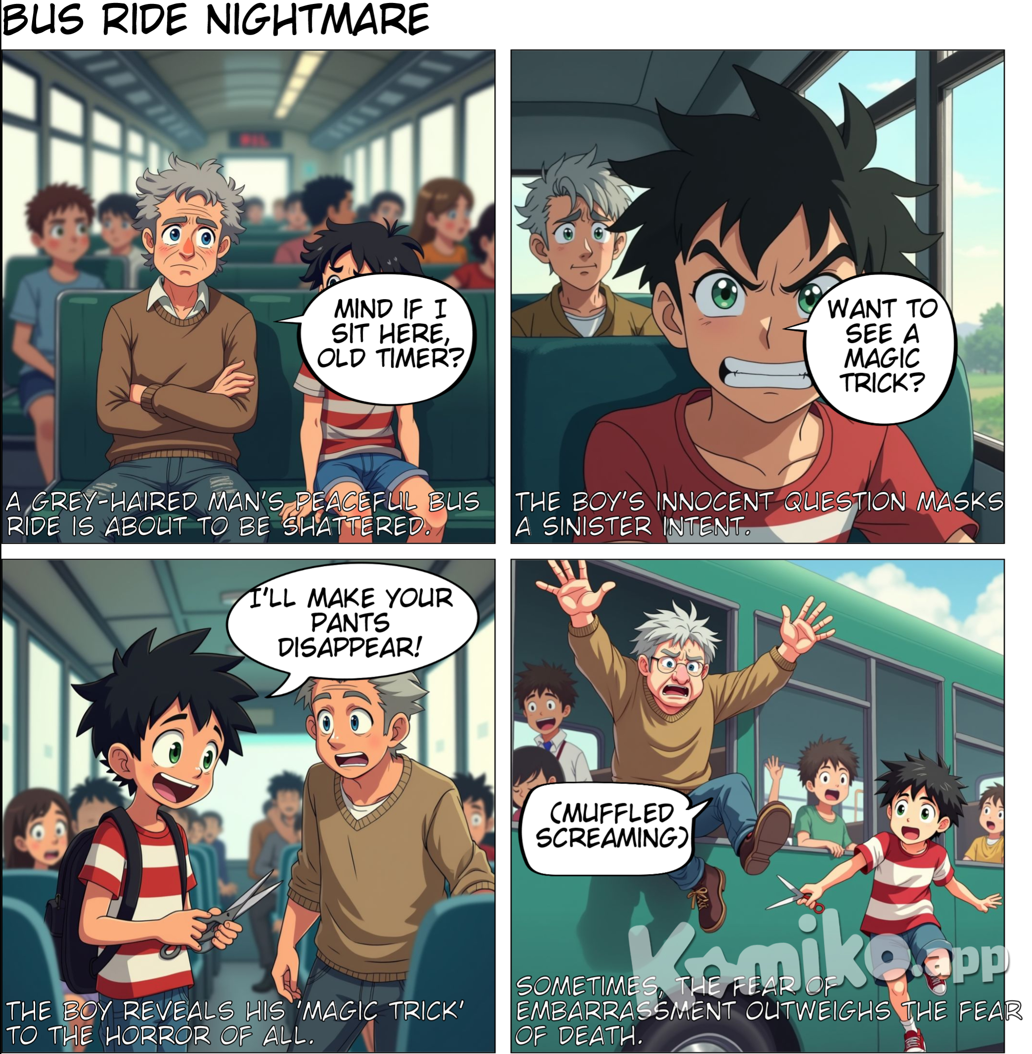 A grey haired man 40s rides the bus next to a dark haired 13 year old boy.