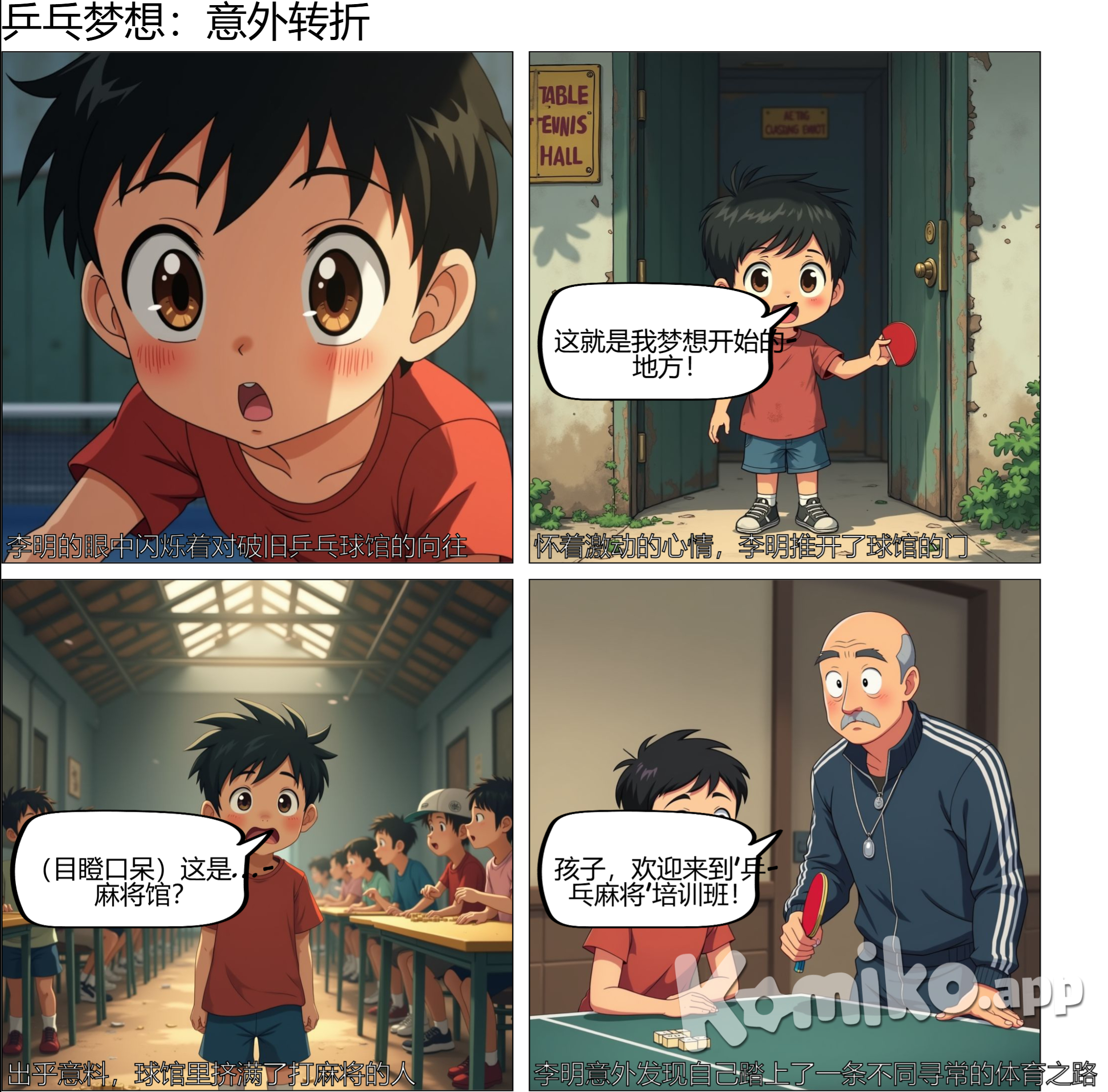 破旧的乒乓球馆外  特写：李明的眼睛，闪烁着对乒乓球的好奇和渴望。