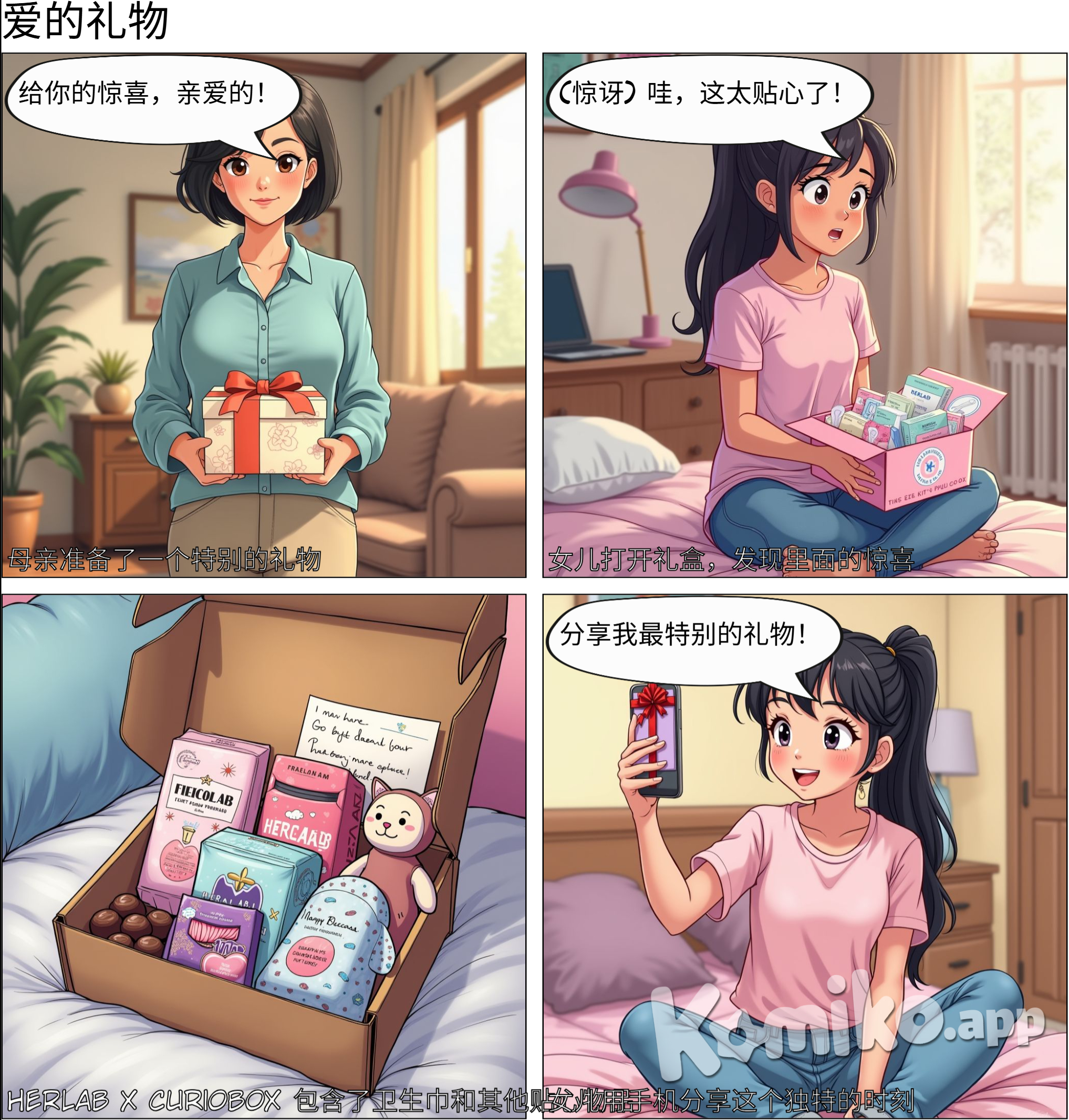 Mothers like to give sanitary napkins to their daughters as gifts for certain special moments in life. Later, the mother found that a better way of expressing herself was to put the a package of sanitary napkins and other items into an exquisite gift box and give the box to her daughter together. This was a surprise for her daughter and also made everyone happy. The daughter's life has a unique mark on her life. From childhood to adulthood, every time my daughter received a gift box like this from her mother, she couldn't help but share her special feelings with her friends on her mobile phone. This sanitary napkin brand is called HERLAB, and this gift box is called HERLAB x CurioBox, in Chinese language