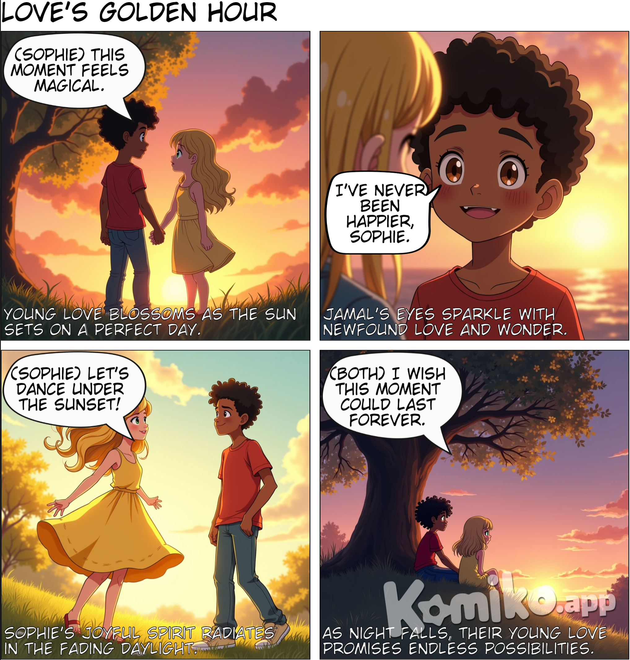 A boy with short black hair and dark skin, with a girl with long blonde hair and green eyes, are holding hands very much in love in a nostalgic sunset landscape.