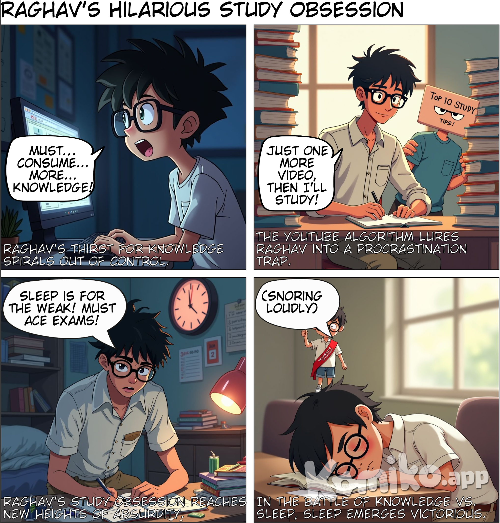 Comic Title: Raghav's Journey to Success Panel 1: (Raghav at his desk) Caption: "Raghav loved studying and learning new things." Raghav (thinking): "I can’t wait to dive into my next topic!" Panel 2: (Raghav watching a YouTube video on his laptop) Screen shows: “Top 10 Study Tips!” Raghav (excited): "These tips are going to help me ace my exams!" Panel 3: (Raghav scrolling through a reading app on his tablet) Raghav (reading a book title): "Exploring the Wonders of Science… This looks fascinating!" Panel 4: (Raghav’s screen shows an ad about scholarships) Caption: "One day, he saw an ad that caught his attention." Ad on screen: “Score above 85% and win a 5 lakh scholarship!” Panel 5: (Raghav jumping out of his chair with excitement) Raghav (shouting): "WOW! This is a huge opportunity!" Panel 6: (Raghav running to show his mother in the kitchen) Raghav: "Mom, look! A scholarship for students with good grades!" Panel 7: (Mother looking thoughtful, stirring a pot) Mother: "That sounds great, Raghav! But let’s wait until your father gets home to discuss it." Panel 8: (Raghav pacing back and forth) Caption: "Raghav felt restless." Raghav (thinking): "What if I miss my chance? I need to start working toward that goal right now!" Panel 9: (Raghav at his desk, looking more determined) Raghav (to himself): "I can do this! Time to study harder than ever!" Panel 10: (Raghav with a stack of books and notes, writing intensely) Raghav (smiling): "5 lakh scholarship, here I come!" Panel 11: (Raghav's father comes home, Raghav shows him the ad excitedly) Raghav: "Dad, look! A scholarship opportunity!" Panel 12: (Father smiling, ruffling Raghav’s hair) Father: "That's amazing, Raghav! Let’s make a plan together to help you achieve that score!" Panel 13: (Raghav, Mother, and Father sitting at the table, discussing) Caption: "With support from his parents, Raghav felt empowered." Raghav: "I’m ready to put in the work!" Panel 14: (Raghav studying hard at his desk, late at night) Caption: "Raghav's journey toward success had begun!" Raghav (thinking): "I won’t give up until I reach my dreams!" End Panel: (A motivational quote) Quote: "With determination, knowledge, and support, anything is possible!"