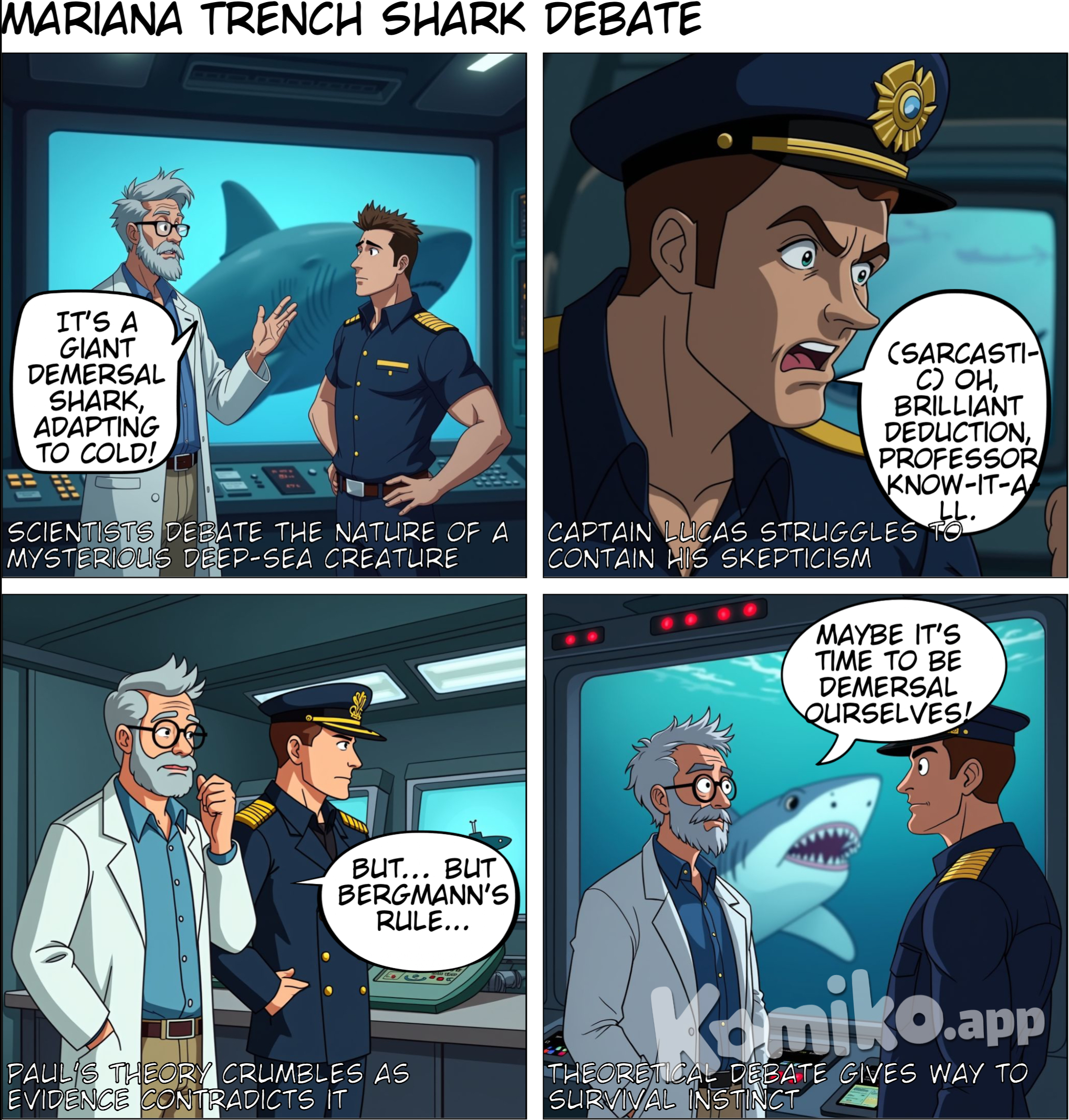 Scintists Paul and Lucas are discussing about the nature of the shark they have seen on sonar in the deeps of Mariana Trench. “Sure, but an increase in size could be an evolutionary response to the frigid waters of the abyss. Don’t forget Bergmann’s rule: a larger size is consistent with life in colder waters, an adaptation that proportionally reduces the part of the fish’s body in contact with the external environment, minimizing heat loss. I’d say this makes it a demersal, a characteristic quite far from the Carcharodon.”  “It’s an animal that feeds in the cold, deep waters, professor, but not necessarily a demersal; neither demersal fish nor whale sharks attack remotely operated submarines. Besides, I suspect the shark could leave the warm layer if it wanted to.”  “Alright, genius, and how do you know that?” Lucas Heitman was the captain of the Tallman and a former member of the same college fraternity as Paul. He was from New Jersey and never missed an opportunity to deflate his friend’s ego.