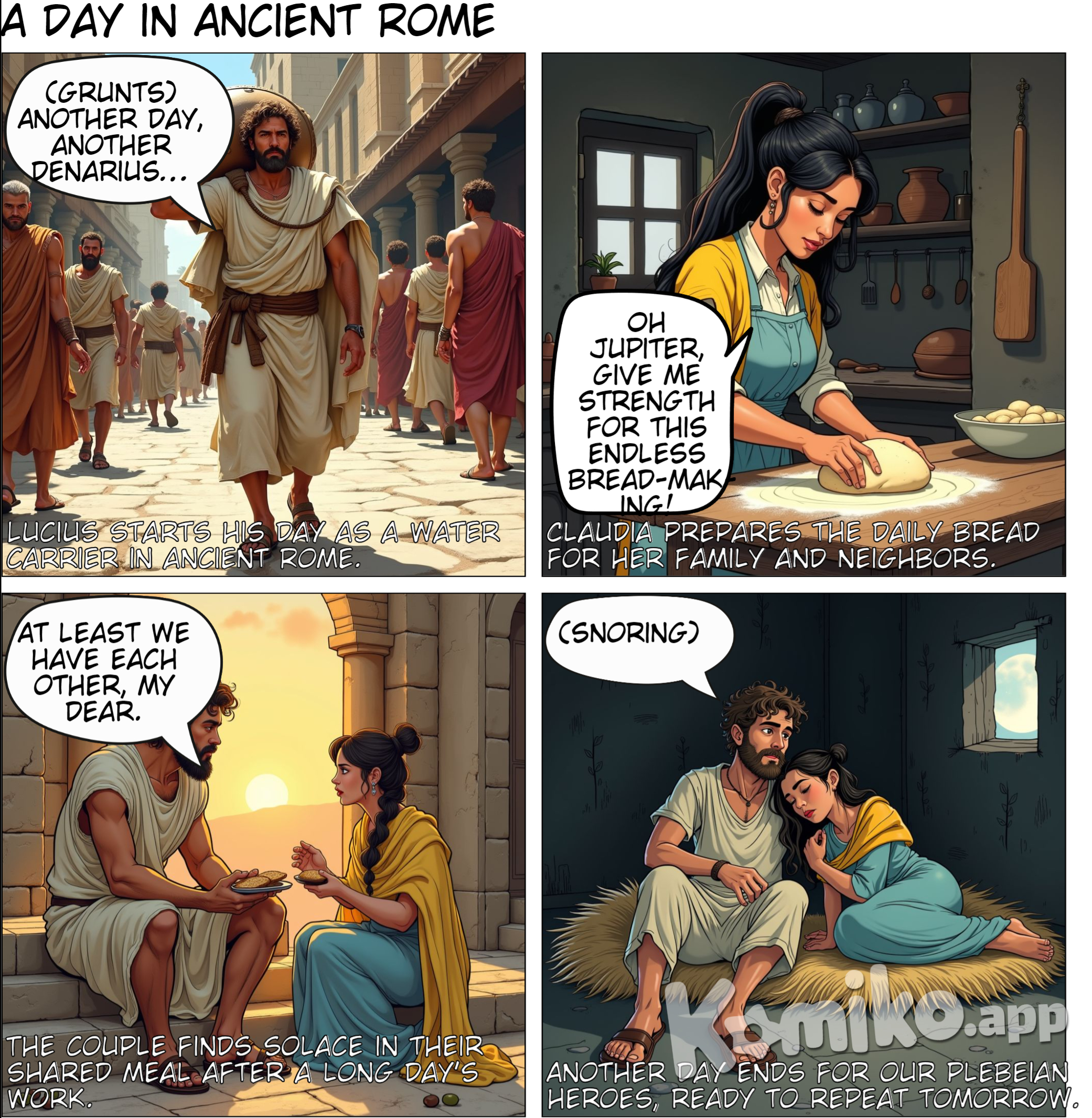 Make a comic strip about plebian life in ancient rome