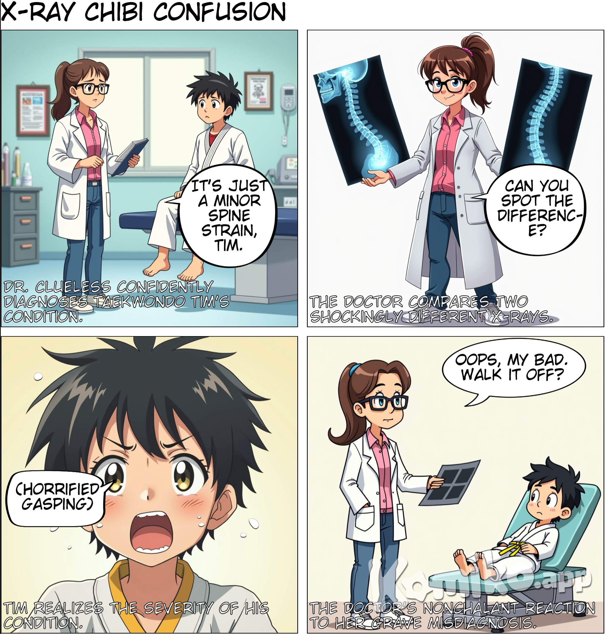 A doctor, a girl who is ponytailed has pink shirt underneath, has jeans for bottoms, and has eyeglasses told to his patient a guy who is wearing taekwondo clothes with yellow belt, that there is only a minor strain in his spine. The doctor then compared a photo of an x-ray from an mri scan and ask the guy about their difference. 