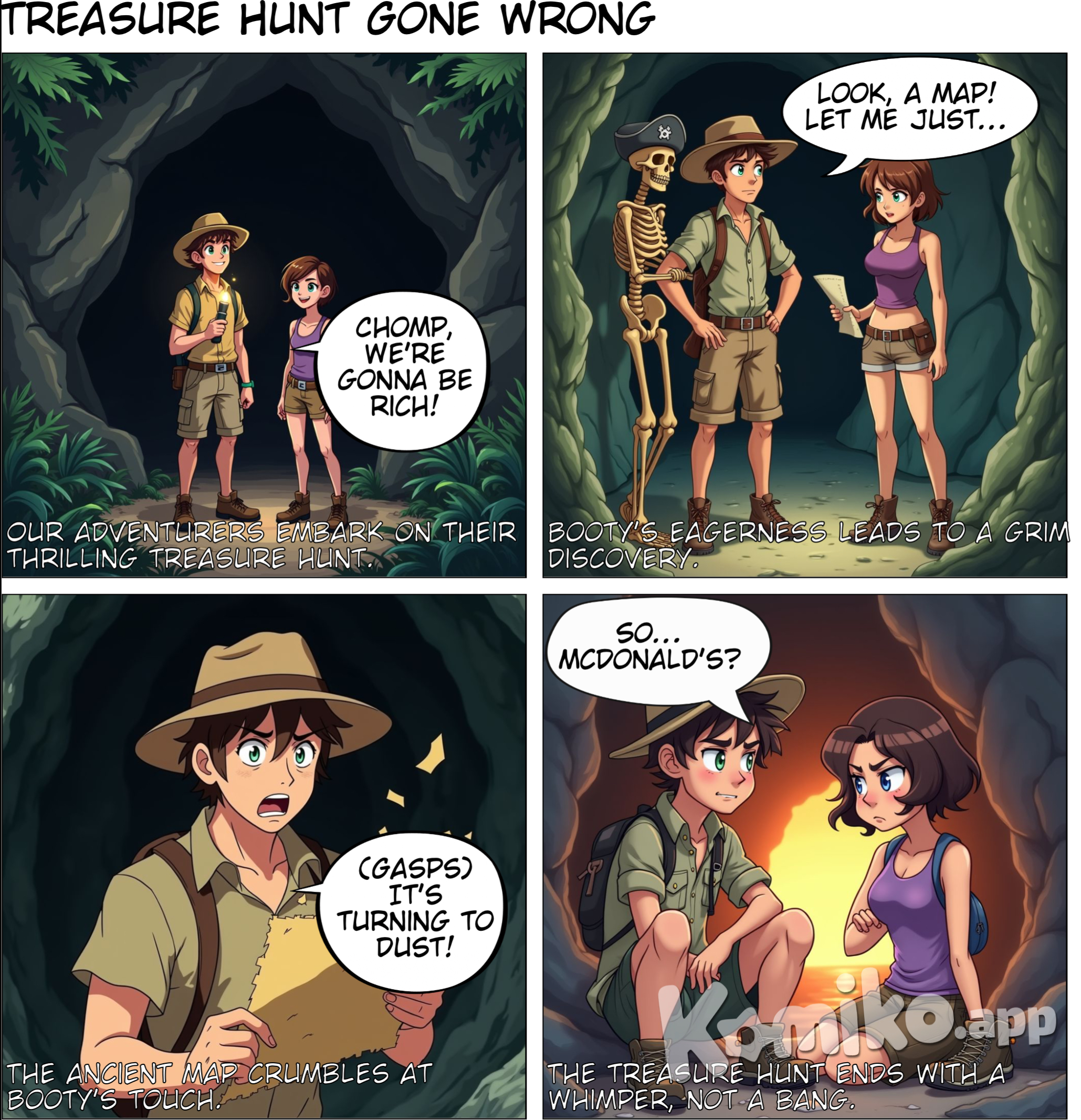 Booty is a handsome young man with wavy brown hair and Chomp is a beautiful young woman with short brown hair. They are on an adventure hunting for treasure together. 