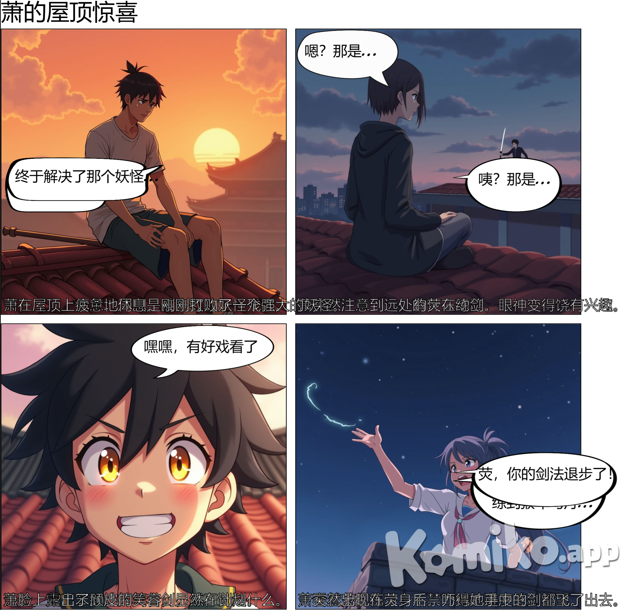 Xiao (Genshin Impact), 打败妖怪后在一个屋顶上休息，远远地看到荧在练剑