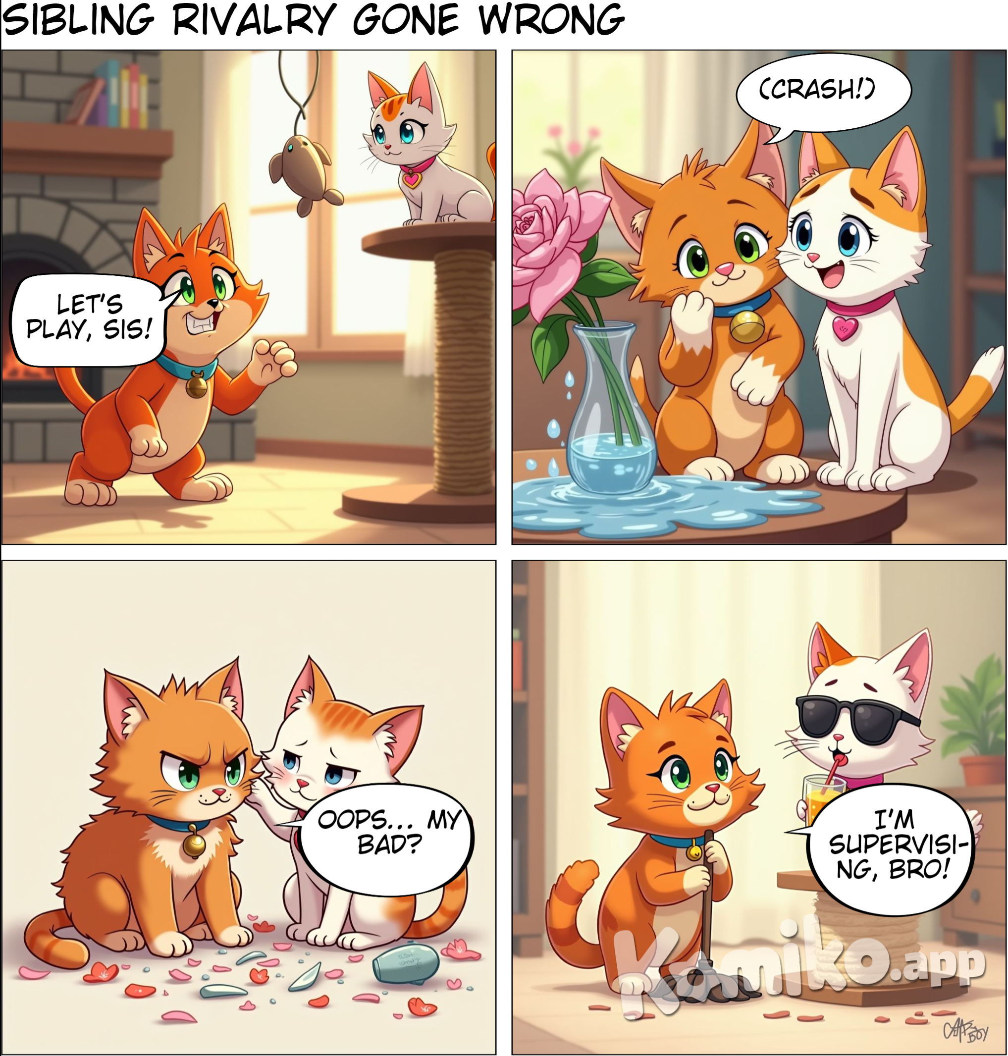 A red cat playing with his sister