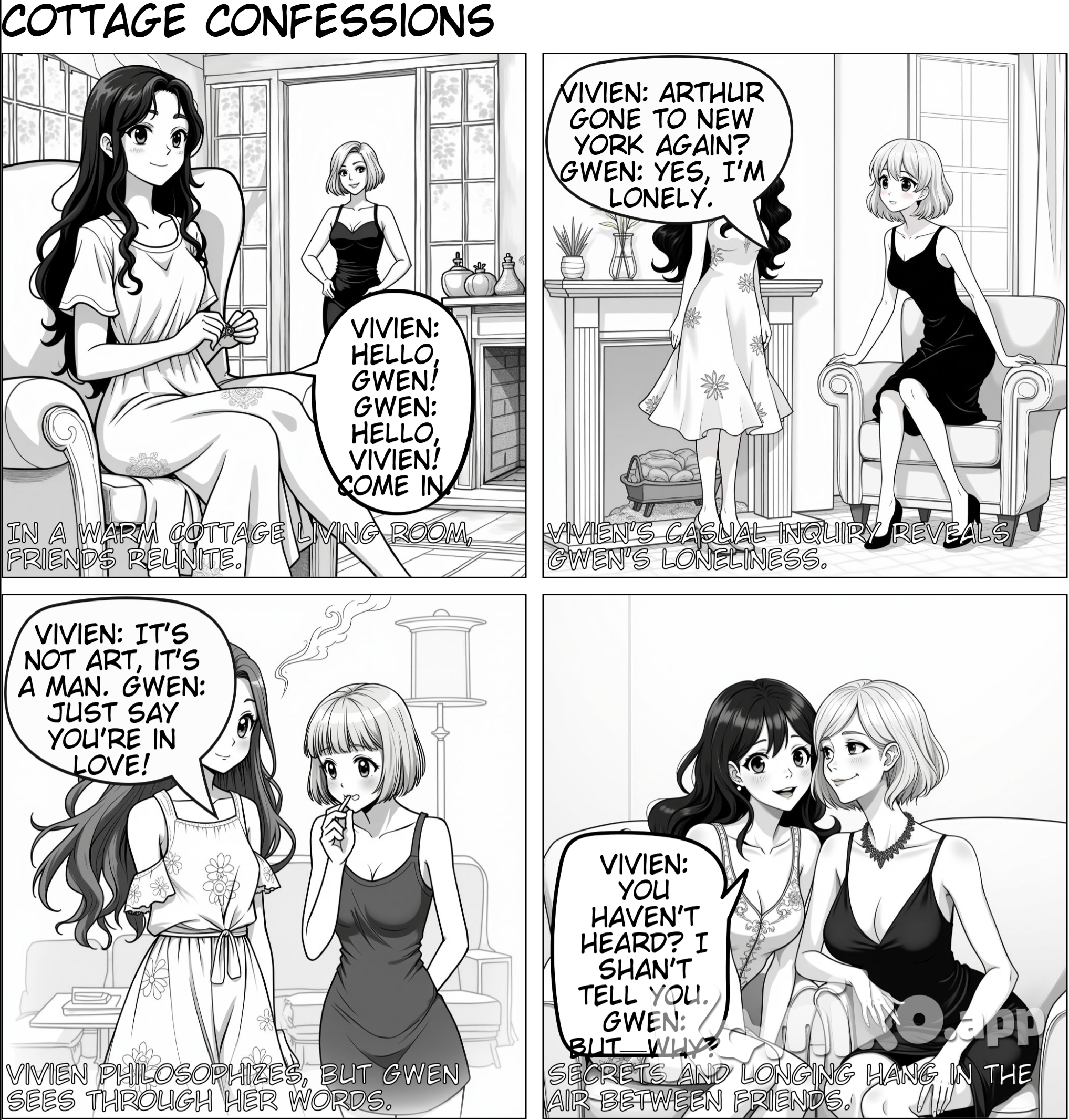 BOTH CHARACTERS TALK AND HAVE DIAOGUE AND MAKE IT A NORMAL ANIME Comic Title: Cottage Confessions Panel 1: Cozy Living Room Background: A warm, inviting living room in a summer cottage in Camelot, Maine. Gwen sits comfortably in a big chair, darning socks, while Vivien stands in the doorway, smiling. Vivien: “Hello, Gwen!” Gwen: “Hello, Vivien! Come in.” Panel 2: Lonely Moments Vivien enters and leans casually against the mantelpiece, looking playful. Vivien: “Arthur gone to New York again?” Gwen: “Yes, for over Sunday. And I’m lonely.” Panel 3: The Pursuit of Love Vivien, now lighting a cigarette, looks thoughtful. Vivien: “It’s not the pursuit of art, it’s the pursuit of a man.” Gwen: “Don’t try to talk like a woman in a Shaw play. Just say you’re in love!” Panel 4: Secrets and Longing Vivien grins mischievously, leaning closer to Gwen, who looks intrigued. Vivien: “You haven’t heard? Then I shan’t tell you.” Gwen: “But—why?” Vivien: “Because you’ll think I’ve a nerve to want him!”