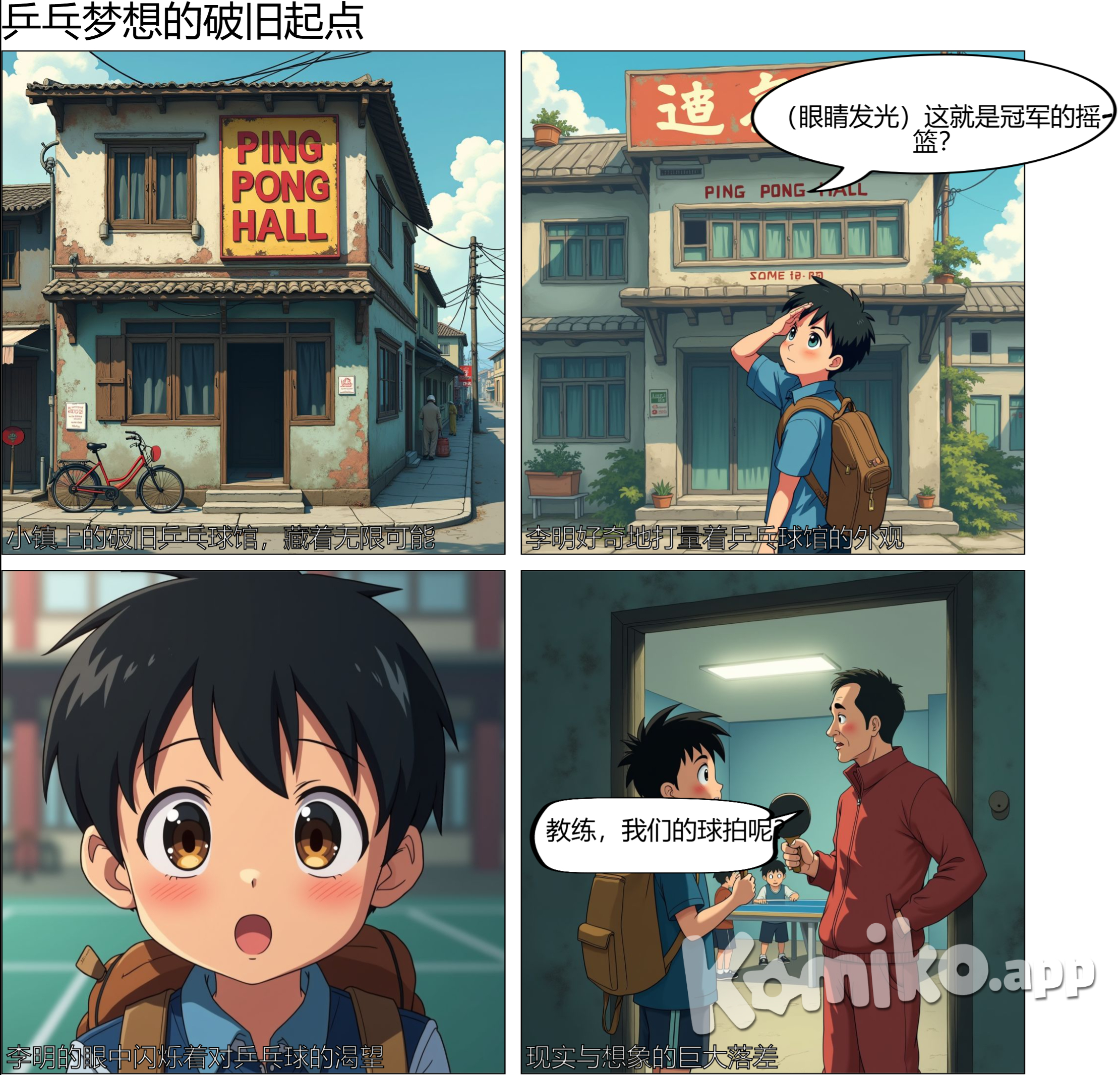 梦想的起点 场景：破旧的乒乓球馆外  全景：展示小镇的街景，镜头缓缓推进到乒乓球馆的招牌。 中景：李明背着书包，好奇地打量着乒乓球馆的外观。 特写：李明的眼睛，闪烁着对乒乓球的好奇和渴望。 中景：李明推开门，看到教练陈正在教孩子们打球