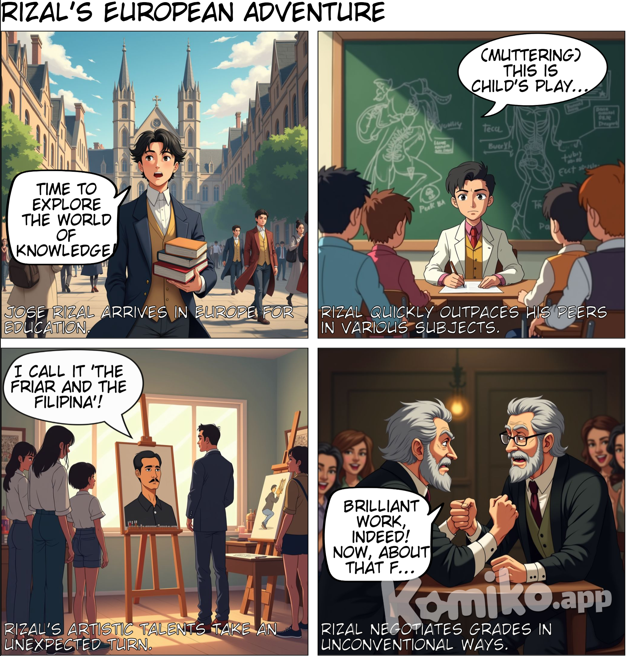 Page 2: Education Abroad  Panel 3: (A bustling university in Europe.)  Caption: "Jose Rizal travels to Europe for education." Speech Balloon (Jose Rizal): "Time to explore the world of knowledge!" Panel 4: (Jose Rizal at a classroom with diverse students.)  Caption: "He excels in medicine, literature, and the arts." Speech Balloon (Professor): "Brilliant work, Rizal!"