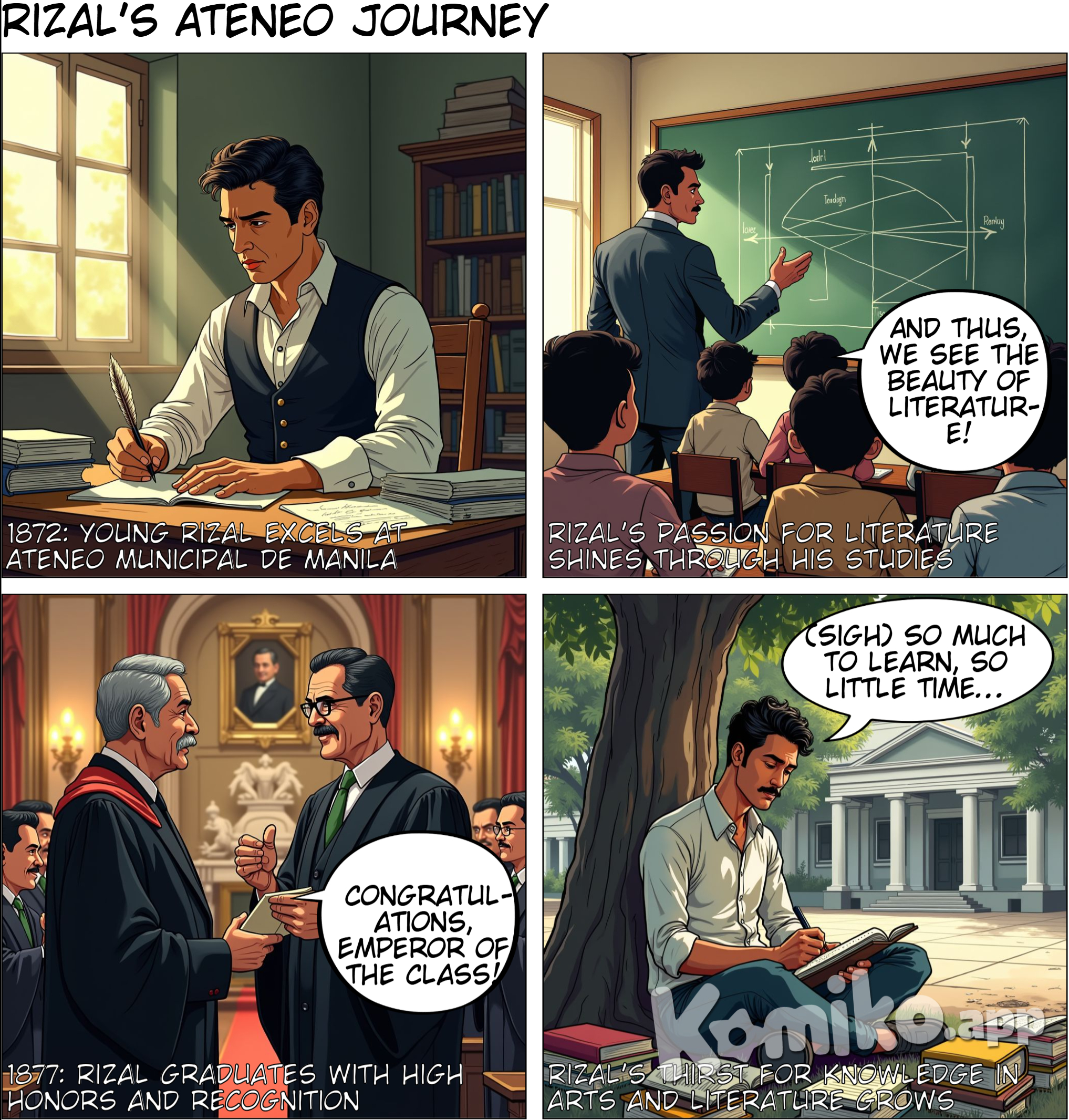 Secondary Education (Ateneo Municipal de Manila): In 1872, Rizal enrolled at the Ateneo Municipal de Manila, where he excelled academically. He graduated with high honors in 1877, earning a Bachelor of Arts degree. His performance earned him recognition as an "emperor" in his class, and he demonstrated a keen interest in literature and the arts.