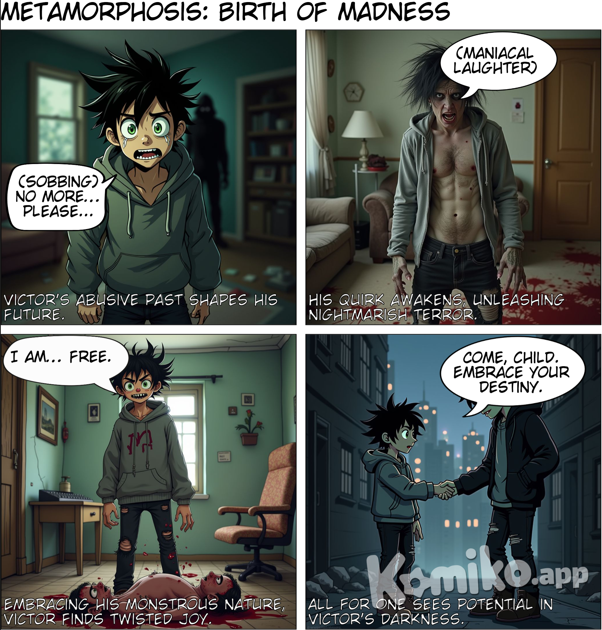 Hero Name: Metamorphosis Real Name: Victor Malum Age: 16 Quirk: Monster Manifestation Victor’s quirk allows him to transform into any type of monster he can imagine, including grotesque and horrifying creatures inspired by his own mind and the eerie monsters from Silent Hill. His transformations come with unique abilities, such as enhanced strength, agility, and fear induction. Hero Ranking: #47 Victor’s unique and terrifying quirk, combined with his effectiveness in combat and psychological warfare, has earned him a spot among the top 50 heroes in Japan. Despite his young age, his abilities and strategic mind make him a formidable hero. Powers and Abilities: Transformation: Can morph into any type of monster he can imagine, each with unique abilities. Adaptive Physiology: Gains the strengths and weaknesses of the monster form he takes on. Regeneration: Limited healing abilities that allow him to recover from injuries faster than normal. Fear Induction: Can strike fear into the hearts of his enemies, making them more susceptible to his attacks. Cannibalistic Rage: When fully insane, he can consume others to temporarily gain their abilities and enhance his own power. Weaknesses: Energy Drain: Each transformation consumes a significant amount of energy, limiting the duration he can stay in a monstrous form. Mental Instability: Already mentally unstable, the transformations exacerbate his instability, making him more erratic and unpredictable. Vulnerability in Human Form: When not transformed, he is as vulnerable as any regular human. Backstory: Victor Malum was born with the unique and terrifying power to transform into any monster he could imagine. His father was abusive, and one night, Victor snapped, transforming into a monstrous form and killing his entire family. Instead of feeling remorse, he found pleasure in the act. Left on the streets, he was taken in by All For One, who saw potential in Victor’s abilities and nurtured his dark tendencies. Under All For One’s guidance, Victor embraced his monstrous nature and honed his powers to spread fear and chaos. Motivation: Victor revels in his monstrous transformations and the fear they instill. He aims to create a world where he reigns supreme, feared by all, and uses his powers to spread chaos and terror. Personality: Victor is unpredictable and erratic, with moments of brilliance overshadowed by bouts of madness. His unstable mind makes him a dangerous and formidable foe, capable of extreme cruelty and cunning. Appearance: In his human form, Victor appears as a young man with wild hair and a manic gleam in his eyes. When transformed, his appearance varies depending on the monster he becomes, but all forms share a terrifying and grotesque nature, often inspired by the nightmarish creatures from Silent Hill or his own twisted imagination.