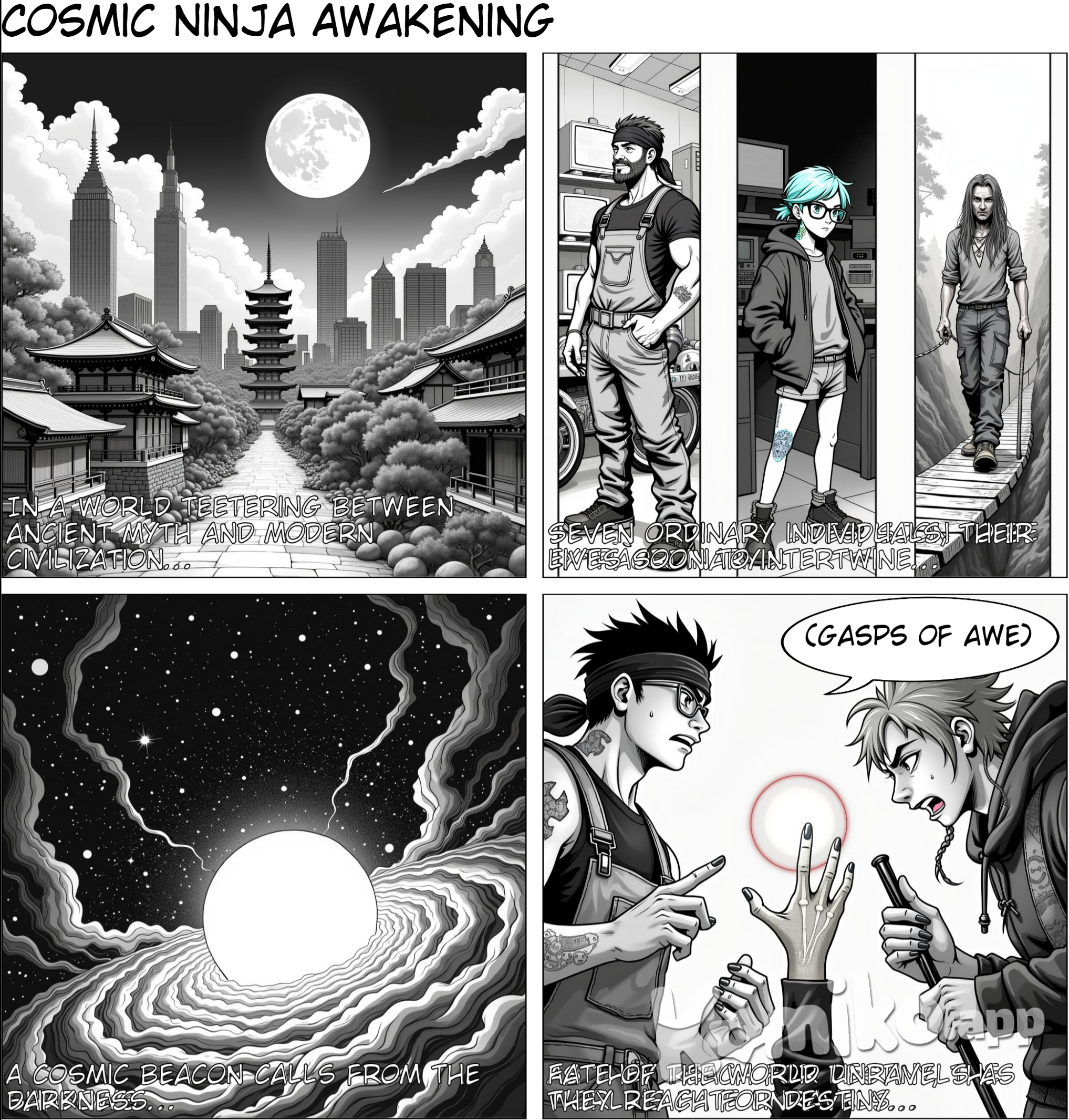 **anel Set 1: Introduction - The Beginning of the End Panel 1: Setting: A skyline split between ancient temples and modern skyscrapers. Text: In a world teetering between ancient myth and modern civilization... Panel 2: Characters: The seven ninjas, each in a unique setting reflecting their lives (mechanic, hacker, wanderer, etc.). Text: Seven ordinary individuals found their lives intertwined with forces far beyond their comprehension... Panel 3: Visual: A cosmic glow from the darkness, hinting at the orbs. Text: They stumbled upon a glowing orb, a cosmic beacon that called to them... Panel 4: Visual: Close-ups of each ninja’s hand reaching for an orb. Text: Little did they know, their lives—and the fate of the world—were about to unravel...