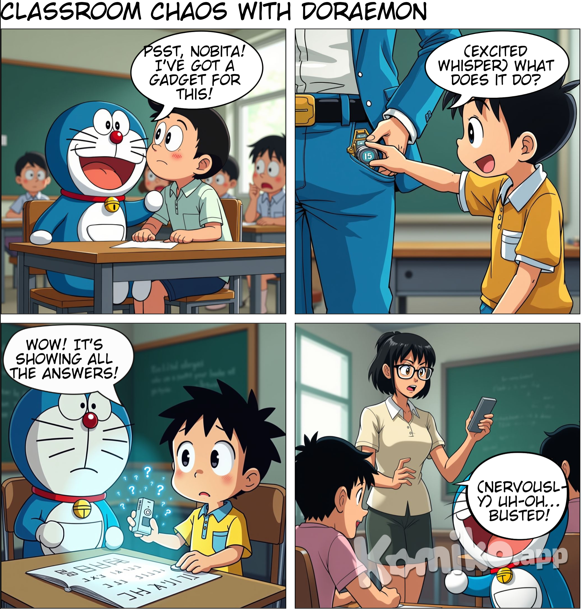 Doraemon and boy friendschat in class while doing 