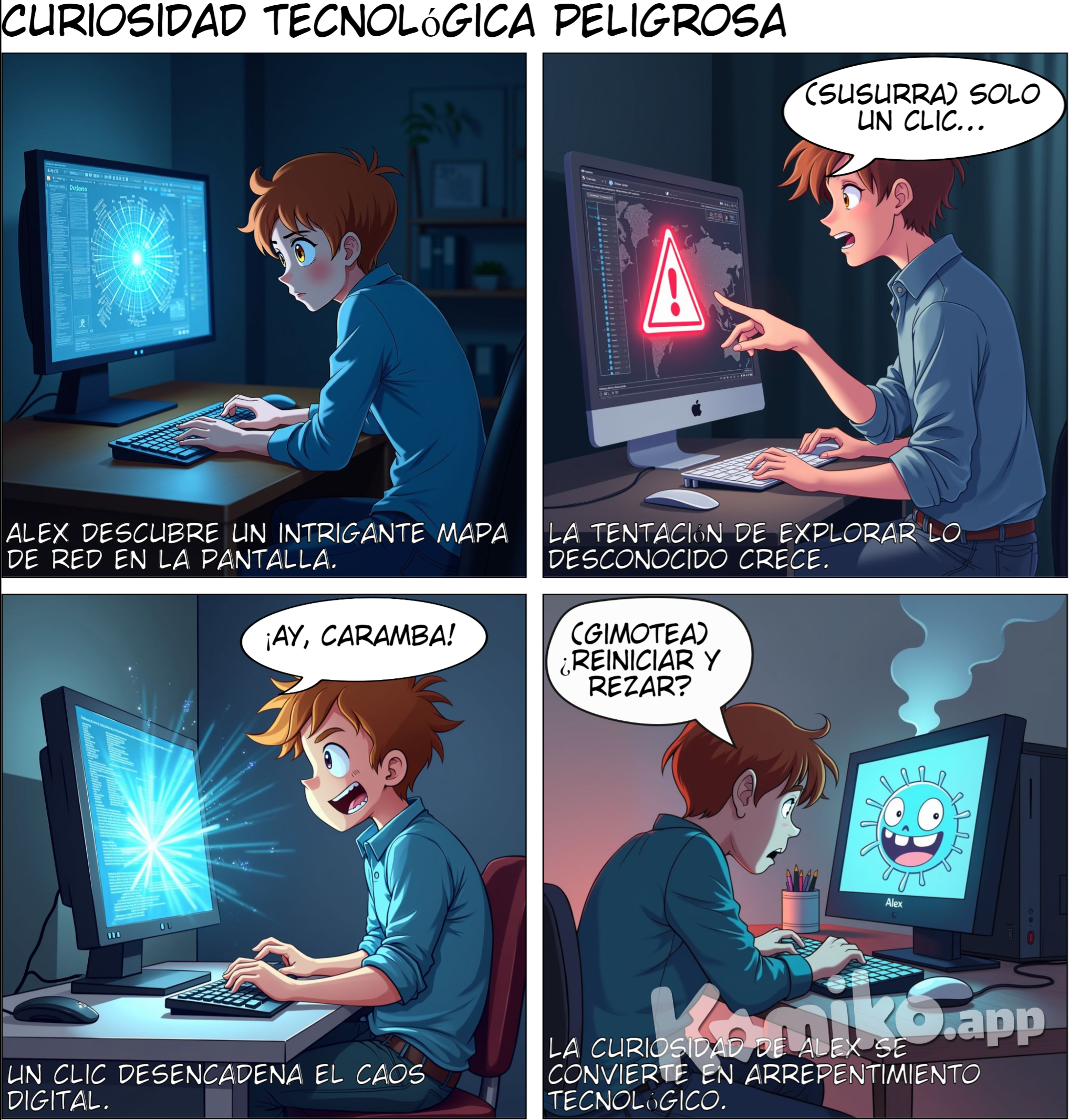 Alex mira la pantalla de uno de los computadores que muestra un mapa de redes conectadas y, lleno de curiosidad, está a punto de hacer clic para interactuar con la red.