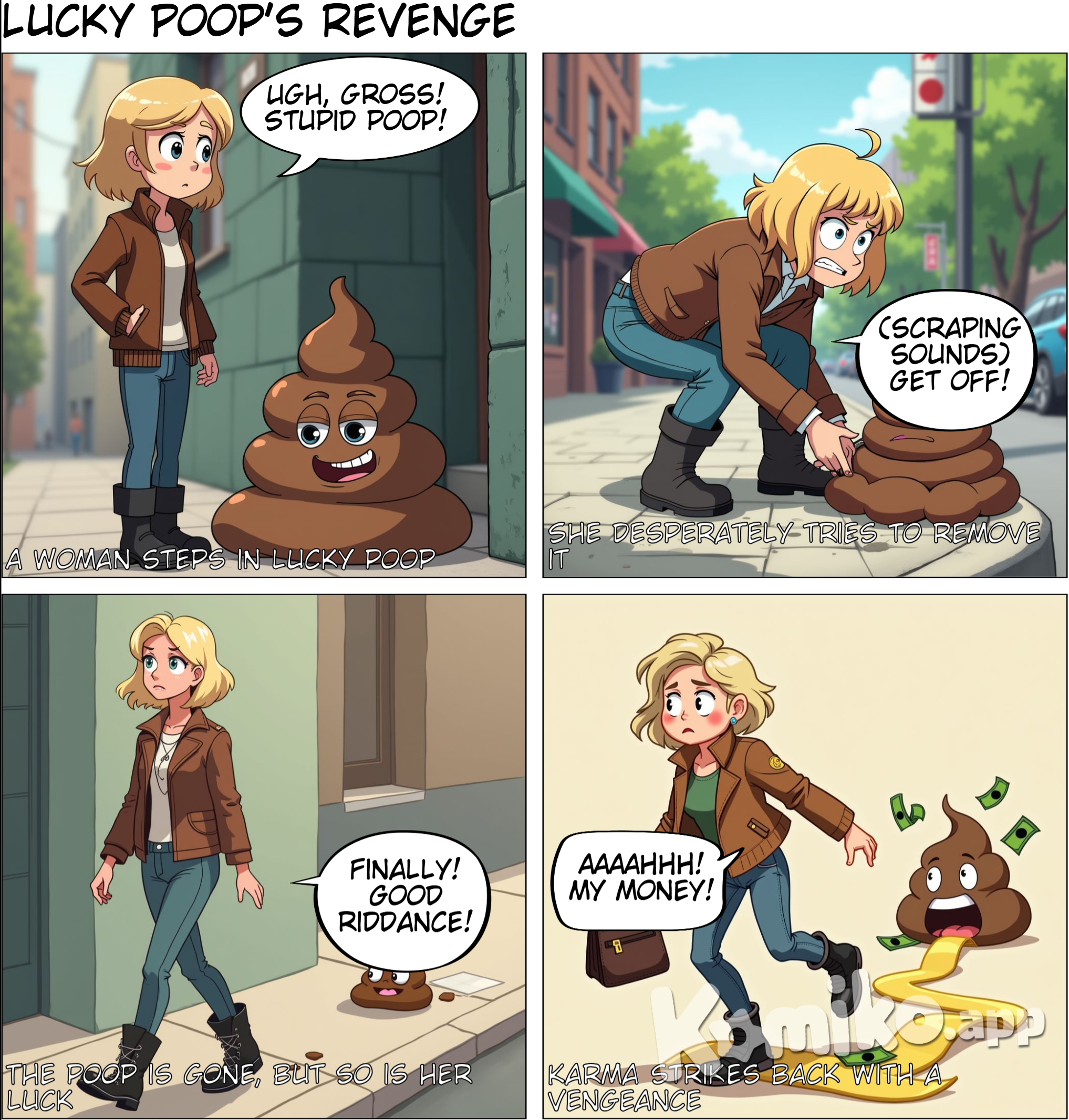 poop under the shoe of the woman with brown jacket gets cleaned and she started getting unlucky