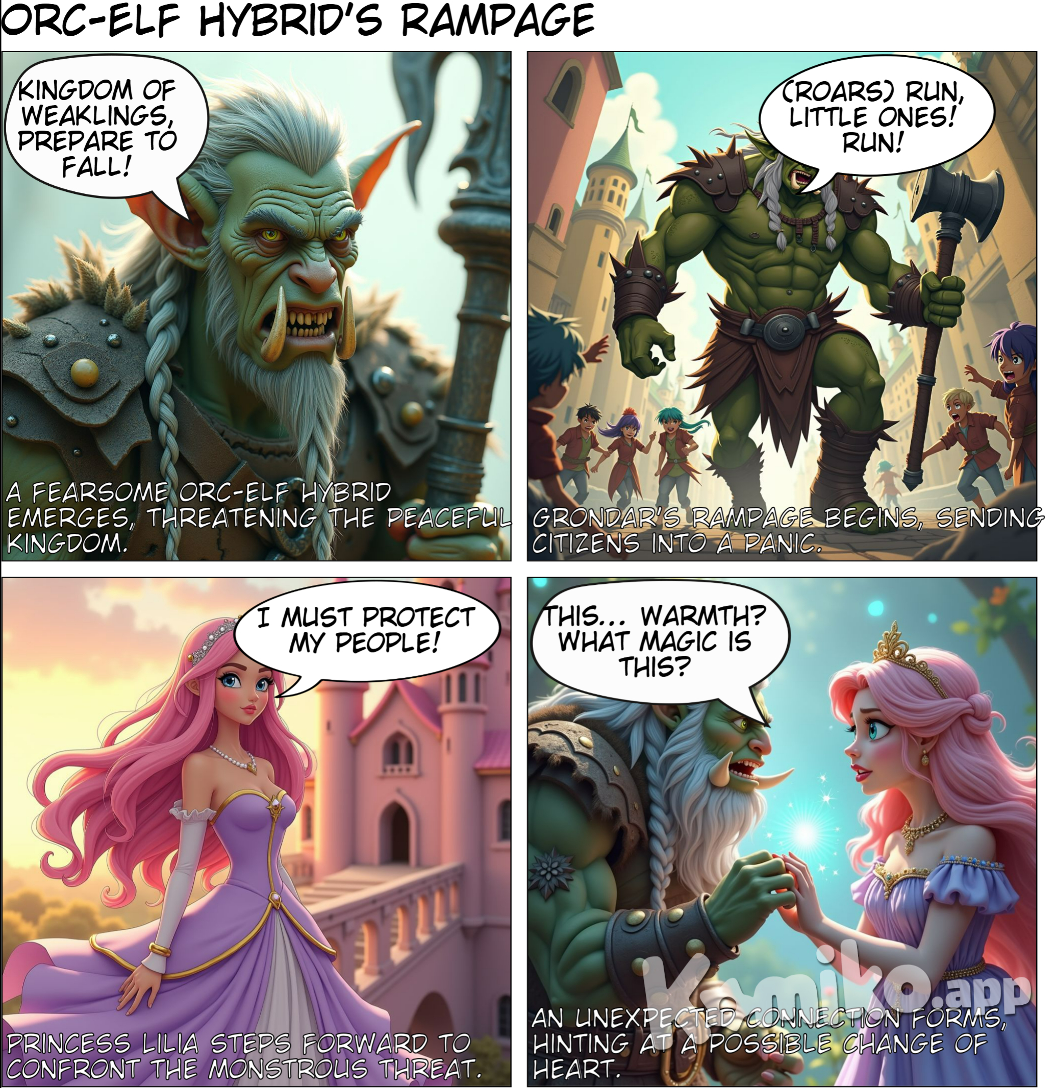 A fearsome man-like creature attacking a kingdom. a monster like a combination of an elf and an orc. Anime style with soft pastel color and soft lighting