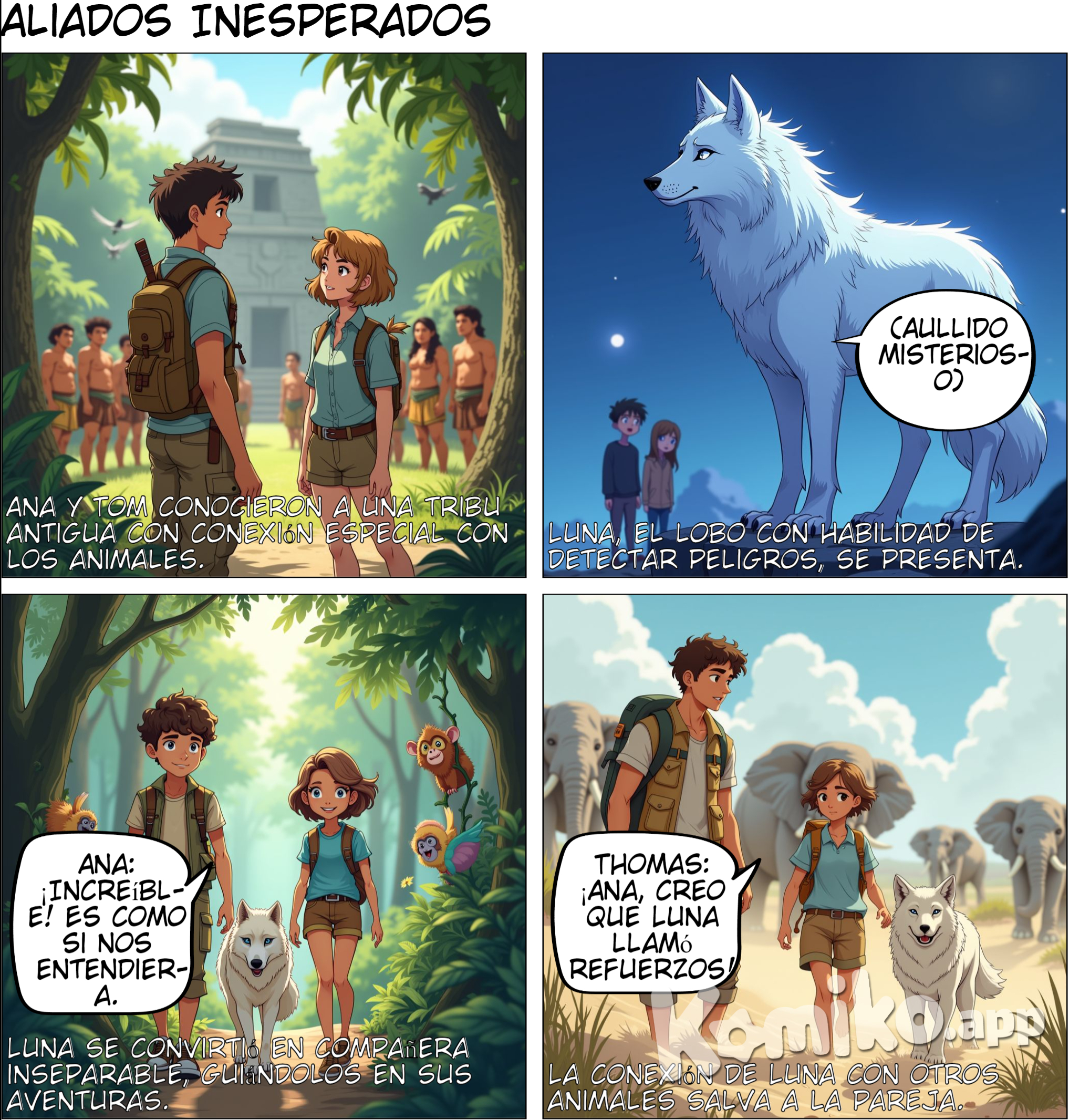 Personajes principales  Thomas: Un joven introvertido, de pelo corto y crespo, de color café no tan oscuro, alto y musculoso, de piel morena, ojos color avellana y facciones delicadas  Ana: Una joven curiosa, de pelo corto y ondulado, de color castaño claro, de estatura media y de contextura delgada, de piel blanca, con ojos claros, y facciones suaves y delicadas Página 4: Aliados Inesperados Viñeta 1: (Ana y Tom conocen a la tribu antigua) •	Texto: “En uno de sus viajes, Ana y Tom conocieron a una tribu antigua que tenía una conexión especial con los animales.” Viñeta 2: (Luna, el lobo, se presenta) •	Texto: “Entre los animales, destacaba un lobo llamado Luna, que tenía la habilidad de detectar peligros antes de que ocurrieran.” Viñeta 3: (Ana y Tom con Luna y otros animales) •	Texto: “Luna se convirtió en una compañera inseparable de Ana y Tom, guiándolos y protegiéndolos en sus aventuras.”