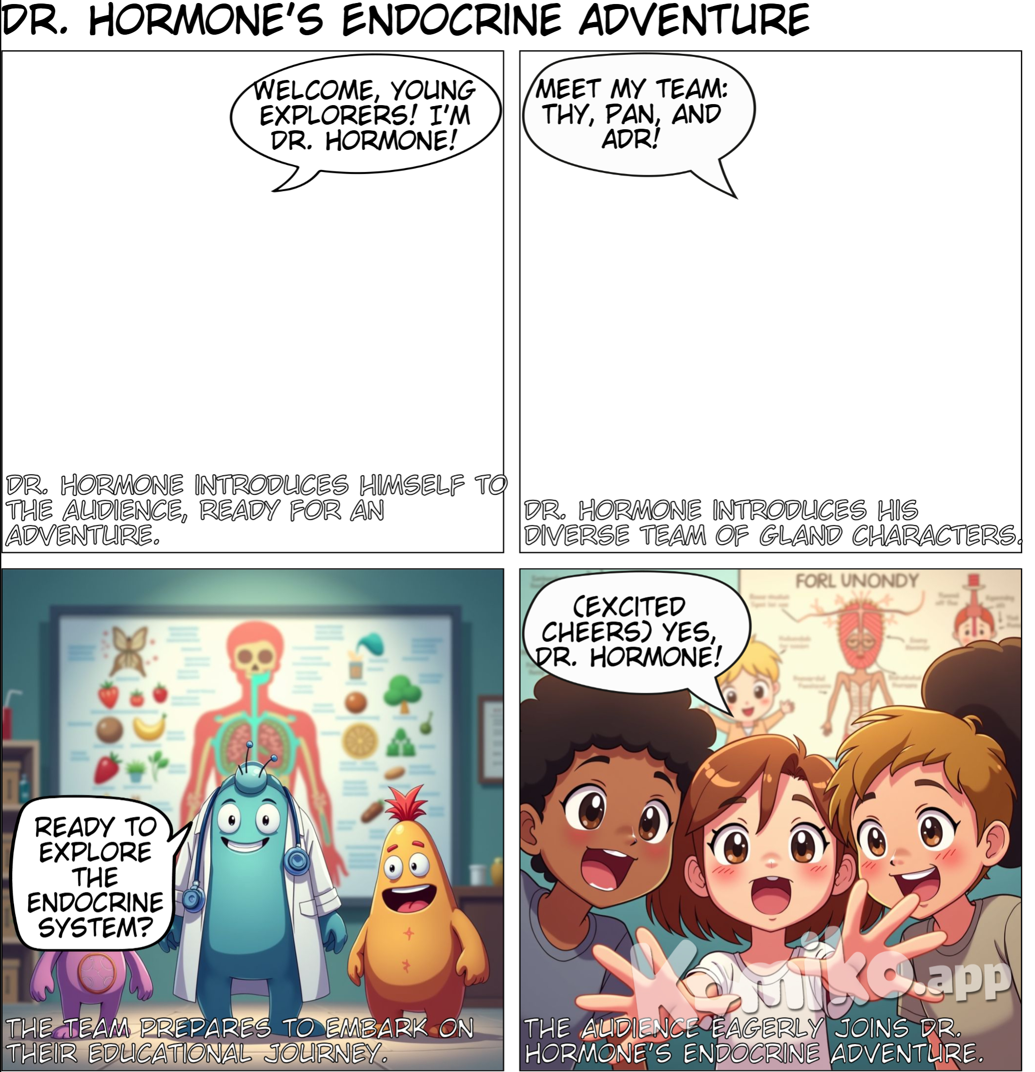 Panel 1: A close-up of Dr. Hormone, a friendly-looking anthropomorphic hormone with a lab coat and a stethoscope. Dr. Hormone: "Welcome, young explorers! I'm Dr. Hormone, and today, we're embarking on an amazing journey through the endocrine system!" Panel 2: Dr. Hormone is standing with his team: Thy, a hyperactive thyroid gland; Pan, a calm pancreas; and Adr, an energetic adrenal gland. Dr. Hormone: "Let me introduce you to my team: Thy, Pan, and Adr. Each of us has a special role in keeping the body running smoothly." Panel 3: A wide shot showing the team standing in front of a large, detailed map of the human body, with the endocrine system highlighted. Dr. Hormone: "Our mission is to explore the different glands and hormones that make up the endocrine system. Are you ready to join us?"