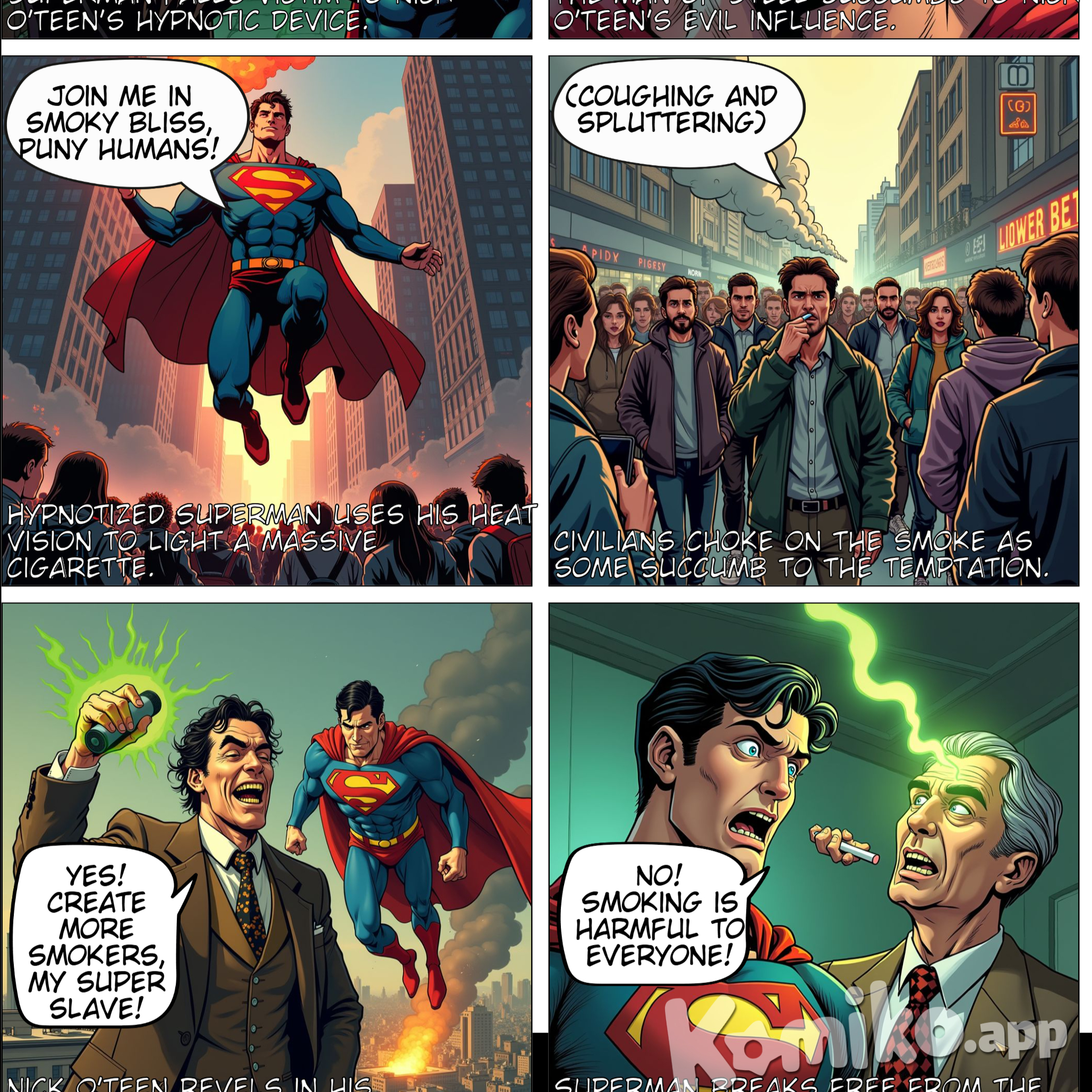 Superman is forcibly hypnotized into an evil smoker by Nick O'Teen, who wants to use the Man of Steel's new heat vision to create new smokers.