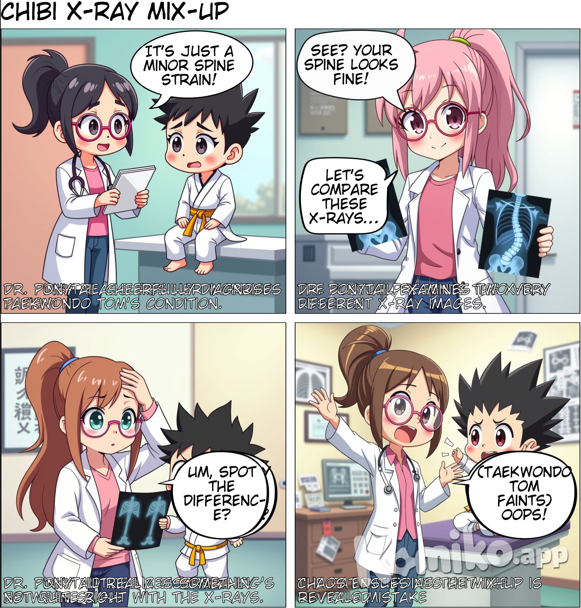 A doctor, a girl who is ponytailed has pink shirt underneath, has jeans for bottoms, and has eyeglasses told to his patient a guy who is wearing taekwondo clothes with yellow belt, that there is only a minor strain in his spine. The doctor then compared a photo of an x-ray from an mri scan and ask the guy about their difference.  make in chibi artform