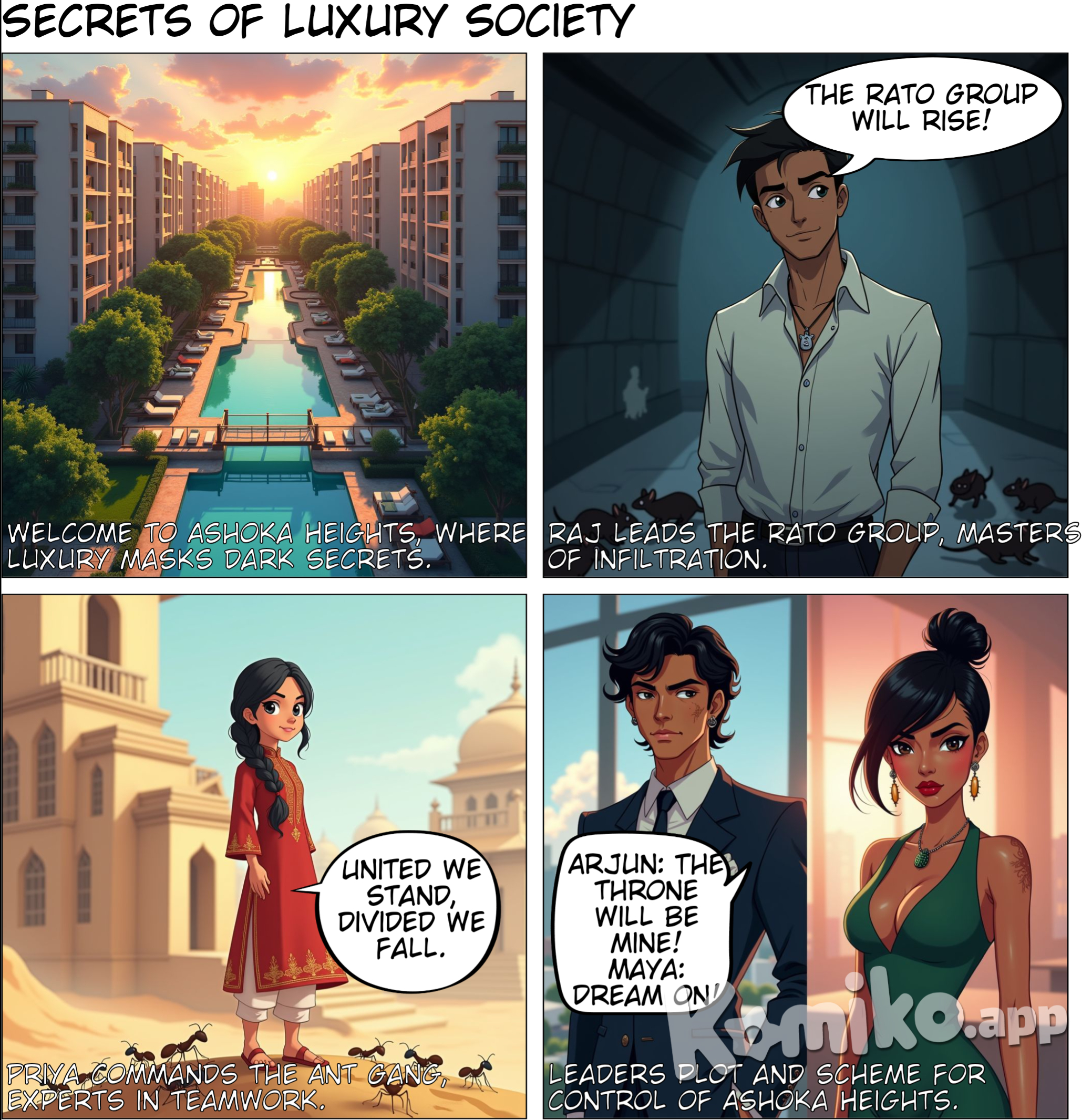 There is a indian society where there are buildings where people live in kind of a residential society. But which seems a normal high life style luxurious society. There are darker secrets for the throne of that area, there are groups and group leaders within the society. There is the rato group which is the rat group, there is the ant gang, there is cockroach gang, there is snake elite group, bed bug group. This should be the basic intro to the comic with intros of all groups and the society which will be about the throne of that area.. but why so much importance to that society and the land , yes there is a secret reason which will be known during the climax as we move ahead with the story. Make all leaders human and young. 