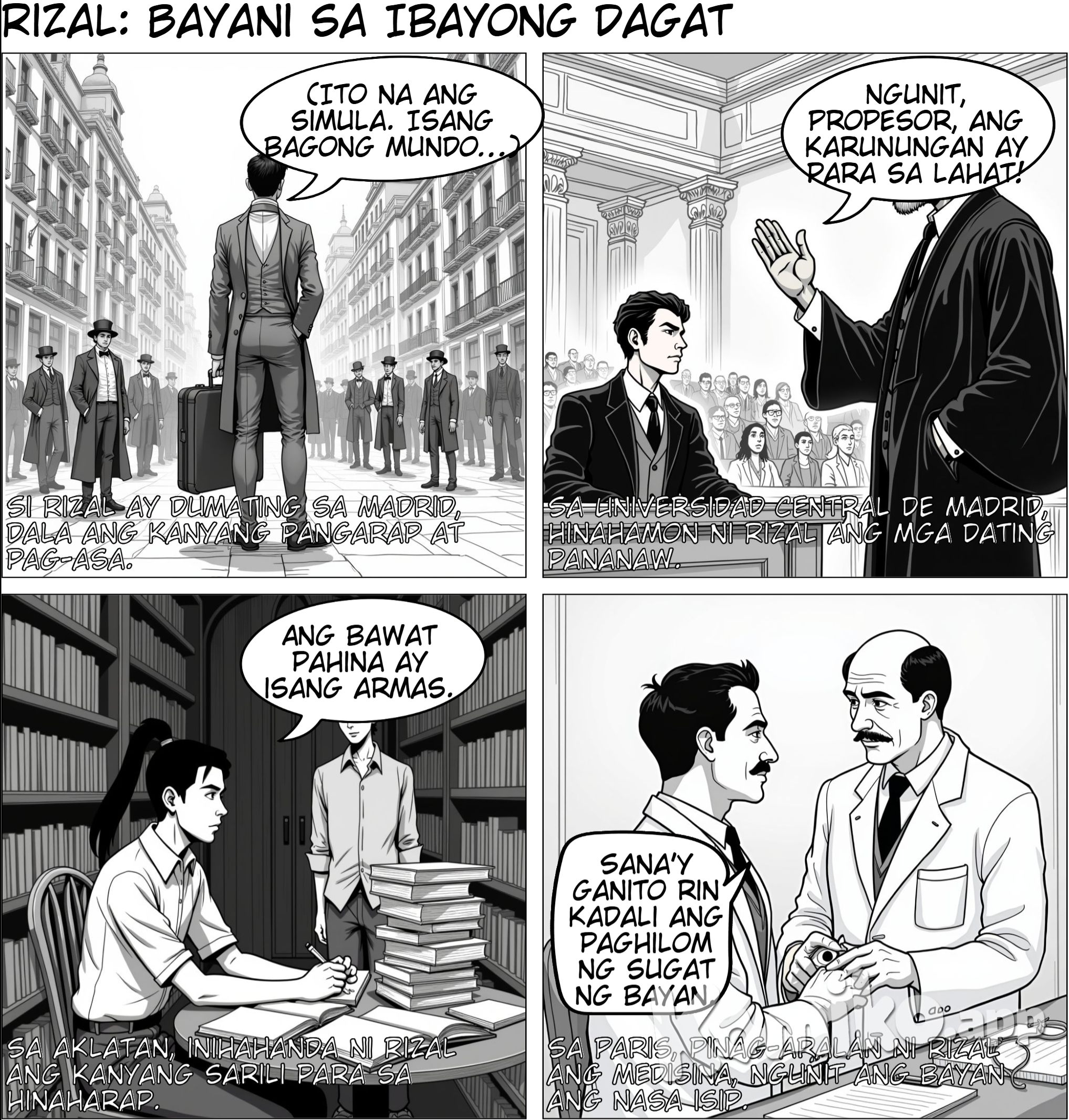 Rizal sa Ibayong Dagat: Mga Aral at Pakikibaka"  Panel 1 (Tagpo: Rizal dumating sa Madrid, may dalang maleta at nakatingin sa paligid.) Rizal (monologo): "Ito na ang simula. Isang bagong mundo, ngunit dala ko ang bigat ng bayan sa aking balikat."  Panel 2 (Tagpo: Rizal sa klase sa Universidad Central de Madrid, nakikinig habang ang propesor ay nagtuturo.) Propesor: "Ang agham at sining ay para lamang sa mas mayayaman." Rizal: "Ngunit, Propesor, ang karunungan ay para sa lahat. Ito ang tunay na layunin ng edukasyon!"  Panel 3 (Tagpo: Rizal sa aklatan, napapalibutan ng mga libro, nagbabasa nang masigasig.) Kaibigan: "José, hindi ka ba napapagod? Lagi kang nag-aaral." Rizal: "Ang bawat pahina ay isang armas. Kailangan kong maghanda para sa labang naghihintay."  Panel 4 (Tagpo: Rizal kasama ang mga kapwa Pilipino sa Europa, nag-uusap tungkol sa kalayaan.) Kaibigan 1: "Kailangan nating magkaisa, Rizal. Ang reporma ay hindi madali." Rizal: "Hindi ako natatakot sa hirap. Ang mahalaga ay ang gisingin ang diwa ng ating mga kababayan."  Panel 5 (Tagpo: Rizal sa Paris, sa ospital habang nag-aaral ng medisina.) Doctor: "Señor Rizal, mahusay ang iyong trabaho. Ang mga mata ng pasyente ay nailigtas mo." Rizal (ngumingiti): "Salamat, Doktor. Sana ganito rin kadali ang paghilom ng sugat ng ating bayan."  Panel 6 (*Tagpo: Rizal sa Alemanya, sinusulat ang Noli Me Tangere.) Rizal (monologo): "Ang bawat salita sa aklat na ito ay para sa ating bayan. Sana'y magising sila sa katotohanan."  Panel 7 (Tagpo: Rizal kausap ang isang guro sa Heidelberg habang tinitingnan ang mga halaman.) Guro: "Rizal, bakit interesadong-interesado ka sa kalikasan?" Rizal: "Dahil dito ko natututuhan ang mga batas ng buhay—ang kalikasan ay nagpapakita ng katotohanan."  Panel 8 (Tagpo: Rizal sa harap ng isang barko, pauwi sa Pilipinas, bitbit ang kanyang mga natutunan.) Rizal (monologo): "Ang mundo ay naging aking paaralan. Ngayon, oras na upang ilapat ang aking mga natutunan para sa kalayaan ng aking bayan."  Ang komiks na ito ay sumasalamin sa dedikasyon, karunungan, at pagmamahal ni Rizal sa Pilipinas habang hinuhubog siya ng kanyang mga karanasan sa ibayong dagat.