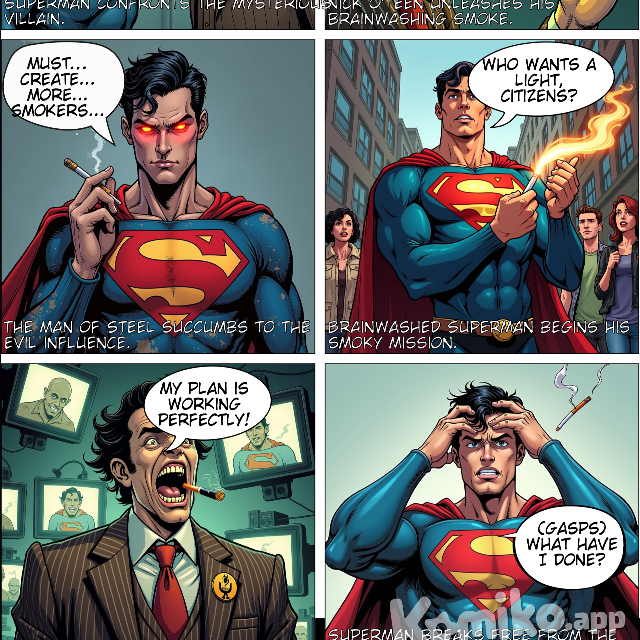 Superman is forcibly brainwashed into an evil smoker by Nick O'Teen, who wants to use the Man of Steel's new heat vision to create new smokers.
