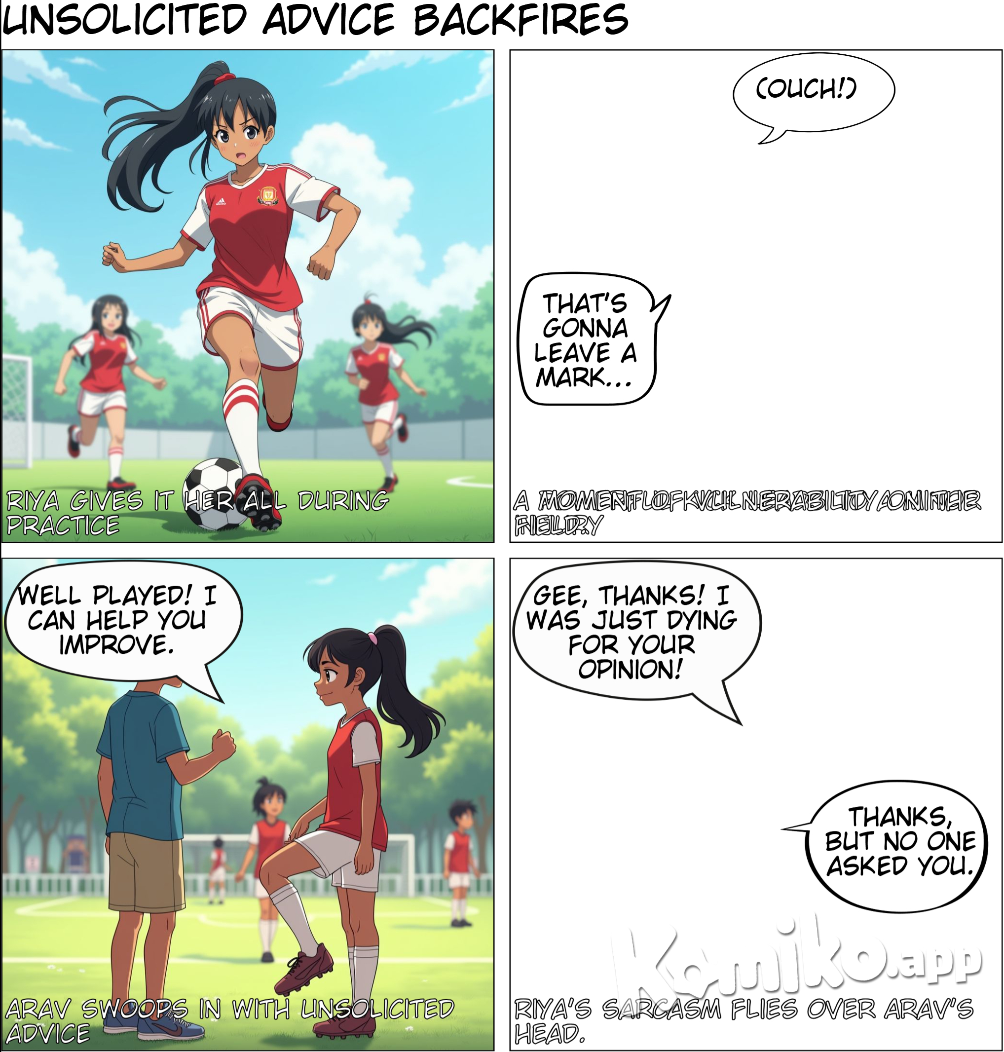 scene 1 :- riya is playing having football practice with girls team and kick the ball and she got bit hurt so arav come to her and say well played but can play better with guidance i can help u and riya roll her eyes and said with fake smile thank u but no one asked u for it