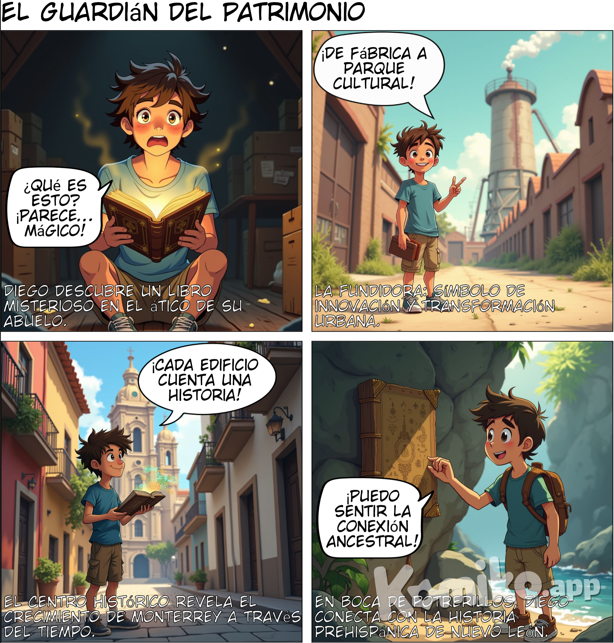 Guion para cómic: "El Guardián del Patrimonio"  ---  #### Capítulo 1: Nuevo León **Escena 1: En el ático del abuelo** - **Viñeta 1**:    Diego está explorando un polvoriento ático lleno de cajas viejas. Se ve curioso y emocionado. La luz entra por una ventana pequeña, iluminando un antiguo libro en una mesa.     *Texto*: "En un pequeño pueblo de Nuevo León, Diego, un joven apasionado por la historia, encontró algo que cambiaría su vida."   *Diálogo (Diego)*: "¿Qué es esto? Un libro tan viejo... pero parece... mágico?"  - **Viñeta 2**:    Diego abre el libro y de repente una luz brillante sale de sus páginas, iluminando su rostro con asombro.     *Texto*: "Un libro lleno de secretos sobre los maravillosos lugares de México."   *Diálogo (Diego)*: "¡Esto es increíble! ¡Debe ser un mapa!"  **Escena 2: La Fundidora de Monterrey** - **Viñeta 3**:   Diego llega a la Fundidora de Monterrey, un lugar que combina la historia industrial con la modernidad. Vemos grandes fábricas transformadas en un parque cultural.     *Texto*: "De regreso en Nuevo León, Diego visitó la Fundidora, un símbolo de innovación."   *Diálogo (Diego)*: "¡Esto era una fábrica enorme, pero ahora es un espacio donde todos pueden disfrutar del arte y la historia!"  **Escena 3: Centro Histórico de Monterrey** - **Viñeta 4**:   Diego camina por el Centro Histórico de Monterrey, admirando los edificios antiguos y monumentos.     *Texto*: "En el Centro Histórico de Monterrey, Diego descubrió cómo la ciudad ha crecido y cambiado a lo largo del tiempo."   *Diálogo (Diego)*: "¡Mira todos estos edificios! ¡Cada uno tiene una historia que contar!"  **Escena 4: Boca de Potrerillos** - **Viñeta 5**:   Diego, ahora en Boca de Potrerillos, observa asombrado los petroglifos prehispánicos grabados en las rocas.     *Texto*: "Finalmente, Diego llegó a Boca de Potrerillos, donde miles de petroglifos cuentan la historia de los pueblos antiguos."   *Diálogo (Diego)*: "¡Es impresionante! ¡Puedo sentir la conexión con la gente que vivió aquí!"