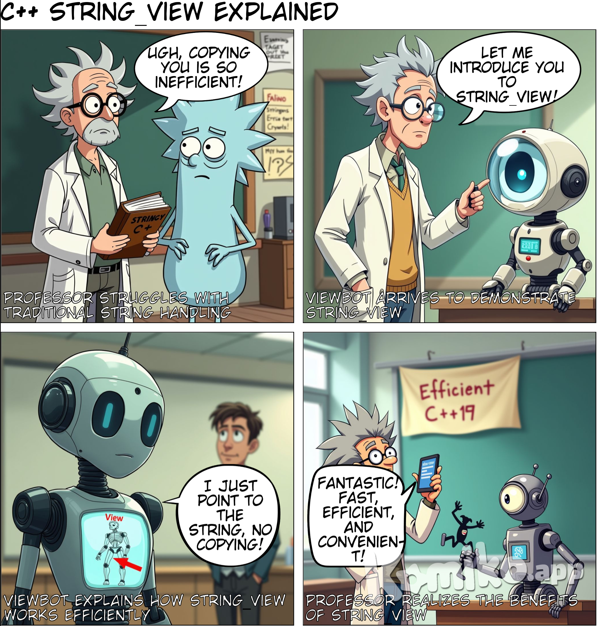 please create a comic explaining c++ string_view according to the following explenation: "### What is `std::string_view`?  `std::string_view` is a feature introduced in C++17 that allows you to work with strings more efficiently. Think of it as a lightweight, read-only view of a string. Instead of creating a new string object, `std::string_view` just points to an existing string.  ### Why Use `std::string_view`?  Imagine you have a big book, and you want to show someone a specific paragraph. Instead of making a copy of the entire paragraph, you just point to the part of the book where the paragraph is. This is what `std::string_view` does with strings.  ### Advantages  1. **Efficiency**: It doesn't create a new string, so it's faster and uses less memory. 2. **Convenience**: You can easily create views of substrings without copying them. 3. **Compatibility**: It works with most string functions like `substr`, `compare`, and `find`.  ### Disadvantages  1. **Lifetime Issues**: If the original string is destroyed, the `std::string_view` becomes invalid. It's like pointing to a page in a book that gets thrown away. 2. **Not Null-Terminated**: Unlike C-strings, `std::string_view` is not null-terminated, which can cause issues if you expect a null-terminated string. 3. **Loss of Ownership**: `std::string_view` is just a pointer to someone else's memory. Tracking the lifetime of that memory can be tricky. This is also true for `const std::string&`. 4. **Implicit Null Termination**: If your code requires a null-terminated string, converting to `std::string` once might be wise. If you need to pass the same string to multiple functions that require null termination, `std::string` might be a better choice.  ### Alternatives  1. **`std::string`**: The traditional way to handle strings, but it involves copying. 2. **`const char*`**: A pointer to a C-string, but less safe and harder to manage. 3. **`const std::string&`**: A reference to a constant string, which avoids copying and is safe as long as the original string exists. However, it requires the data to be in a `std::string` format. 4. **By-Value `std::string`**: If you need to own a copy of the string indefinitely after the call, taking by-value is efficient. This can be optimal if you need to ensure the string's lifetime beyond the scope of the function.  ### Pitfalls and Best Practices  1. **Be Careful with Lifetimes**: Ensure the original string outlives the `std::string_view`. If the original string is destroyed, the `std::string_view` will point to invalid memory. 2. **Use for Read-Only Access**: Since `std::string_view` is read-only, use it when you don't need to modify the string. 3. **Avoid Storing `std::string_view`**: Don't store `std::string_view` in objects that outlive the original string. 4. **Consider Null Termination Needs**: If your code frequently requires null-terminated strings, consider using `std::string` or `const std::string&`.  ### Example  Here's a simple example to illustrate:  ```cpp #include <iostream> #include <string> #include <string_view>  void printStringView(std::string_view sv) {     std::cout << sv << std::endl; }  int main() {     std::string str = "Hello, World!";     std::string_view sv = str.substr(0, 5); // View of "Hello"     printStringView(sv); // Prints "Hello"     return 0; } ```  In this example, `sv` is a `std::string_view` that points to the first five characters of `str`. No new string is created, making it efficient.  ### Detailed Comparison with `const std::string&`  1. **Memory Allocation**: `std::string_view` avoids memory allocation when dealing with raw C arrays, `char const*` from C APIs, or `std::vector<char>`. For example:      ```cpp     void foo(std::string_view bob) {         std::cout << bob << "\n";     }      int main(int argc, char const* const* argv) {         foo("This is a string long enough to avoid the std::string SBO");         if (argc > 1)             foo(argv[1]);     }     ```      No allocations are done in the `std::string_view` case, but there would be if `foo` took a `const std::string&` instead.  2. **Substrings**: `std::string_view` allows working with substrings without copying. For example, parsing a large JSON string into `std::string_views` can save memory and improve performance significantly.  ### Summary  `std::string_view` is a powerful tool for efficient, read-only string manipulation. Just remember to manage the lifetimes of the strings it views, and you'll be able to use it effectively!"