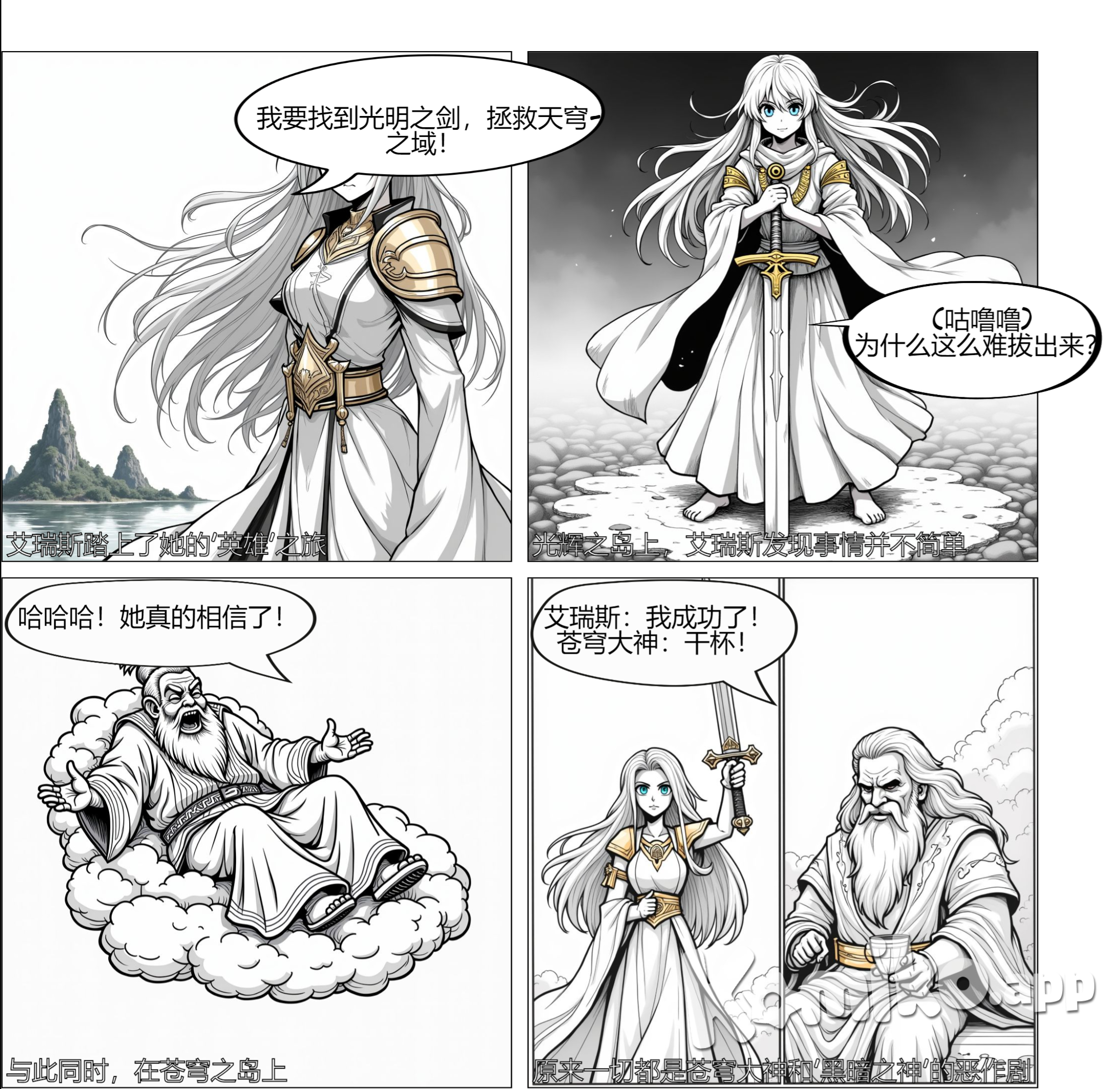 从前，在一个叫做“天穹之域”的神秘国度，天空中漂浮着无数座悬浮岛屿。这些岛屿上栖息着各种神秘生物和神灵，彼此之间通过光桥相连。天穹之域的中心有一座巨大的岛屿，名为“苍穹之岛”，那里居住着众神之王——苍穹大神。  在天穹之域的边缘，有一座名为“幽冥之岛”的黑暗岛屿，这里被黑暗之神乌拉克统治。他妄图将整个天穹之域陷入黑暗，掠夺众神的力量。一天，乌拉克发动了一场惊天动地的战争，试图夺取苍穹大神的神力。  苍穹大神知道，只有找到传说中的“光明之剑”，才能彻底击败乌拉克。但这把剑被封印在最远的一座岛屿——“光辉之岛”上，只有纯洁无瑕、心地善良的勇士才能将其唤醒。  于是，苍穹大神召唤了一位年轻的半神战士——艾瑞斯。她是苍穹大神与一位人类女子的女儿，心地善良，勇敢无畏。接受了任务后，艾瑞斯踏上了寻找光明之剑的旅程。  一路上，艾瑞斯经历了重重考验，与火焰巨龙、冰霜巨兽等敌人展开了激烈的战斗。每一次她都能凭借自己的智慧和勇气化险为夷。在经过漫长的旅程后，艾瑞斯终于来到了光辉之岛。在那里，她找到了一座光芒四射的古老神庙，光明之剑就静静地伫立在神庙中央。  艾瑞斯用心中的善良唤醒了光明之剑的力量，将其拔出。瞬间，光明之剑释放出耀眼的光芒，驱散了笼罩在天穹之域的黑暗。艾瑞斯回到苍穹之岛，与苍穹大神并肩作战，最终击败了乌拉克，恢复了天穹之域的和平。  从此，艾瑞斯被尊为“光明勇士”，她的传奇故事也被世世代代传颂，成为了天穹之域最伟大的神话之一。