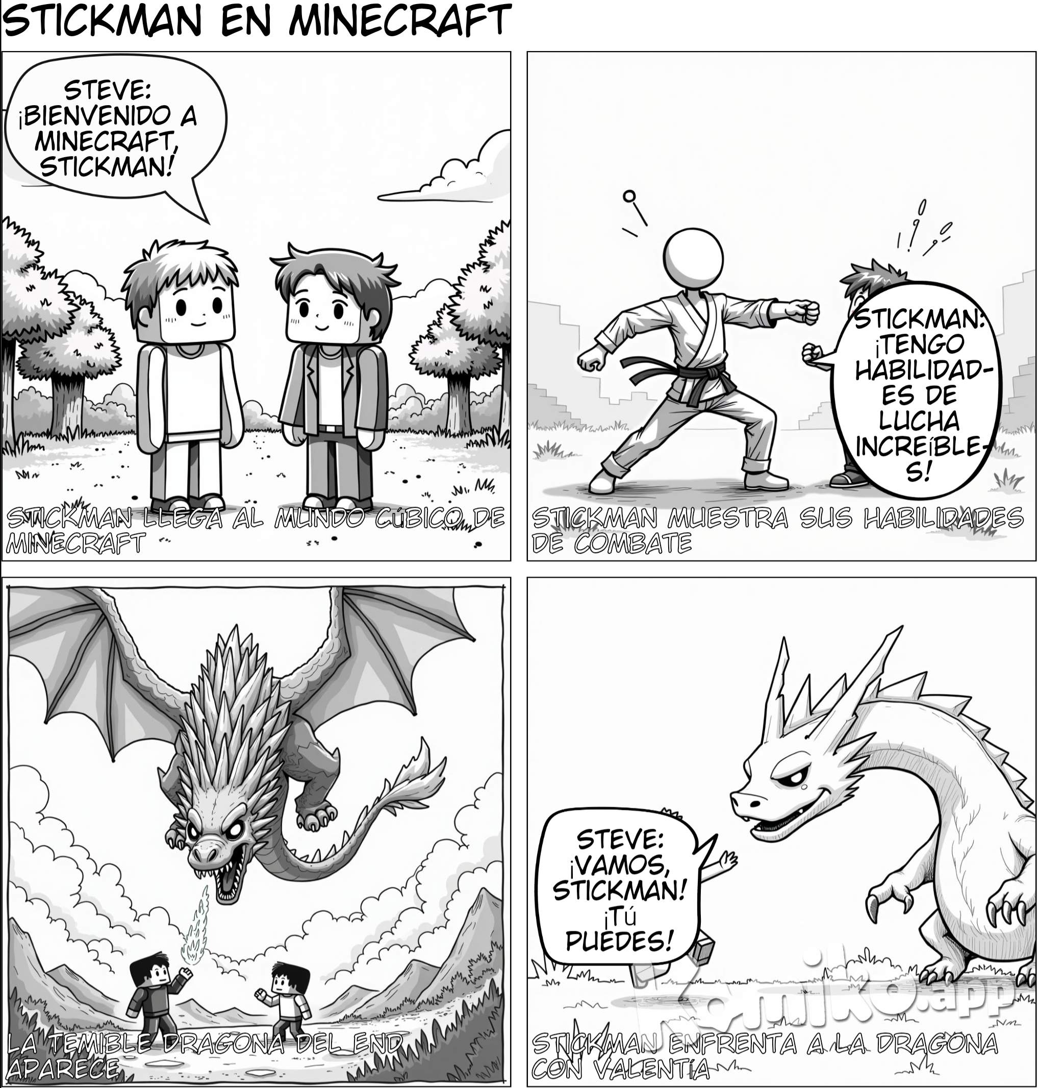 crea una imagen de tipo manga de 9 viñetas con un estilo simple en dónde stickman y Steve están juntos y están en el mundo de Steve, stickman ayudará a Steve a derrotar a la dragona con sus increíbles capacidades de lucha, haz que el dibujo sea simple y de tipo cubos, por que es hambirntado en el mundo de Minecraft 
