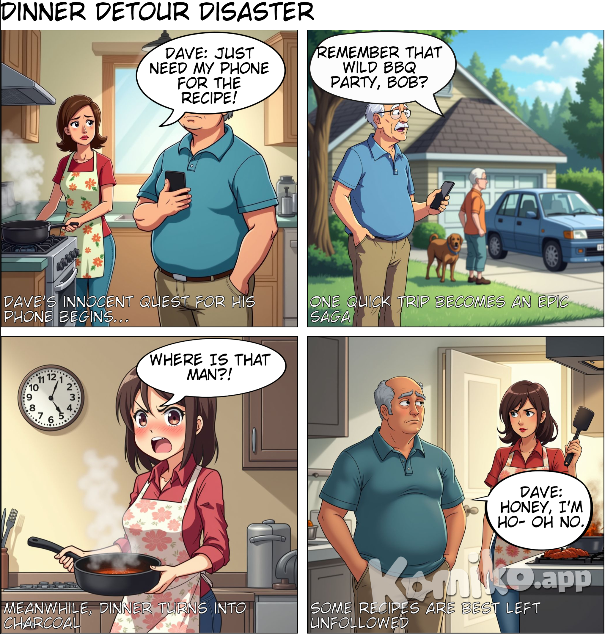 Title: The Dinner Detour Panel 1: (Inside the kitchen) (Wide shot of the cozy kitchen. A woman is chopping vegetables at the counter while a man stirs a pot on the stove.) Caption: It's an ordinary evening, and dinner is in the works. Woman: (smiling) Smells good, right? Man: (grinning) Absolutely! Just need my phone for the recipe. Panel 2: (Man walking towards the door) (The man walks toward the door, putting on his jacket.) Man: I’ll be right back! Left my phone in the car. Woman: (wave of her hand) Hurry up, we need to finish before it gets too late! Panel 3: (Outside the house) (The man steps outside and closes the door behind him. He walks towards his car in the driveway. His neighbor, a friendly elderly man, is walking his dog nearby.) Neighbor: (cheerfully) Hey there! How’s it going? Man: (smiling) Oh, just getting my phone! How about you? Panel 4: (Close-up of the man and neighbor) (They stand by the car, the man looks relaxed, the neighbor gestures with his hand.) Neighbor: (chuckling) Can't complain! Just taking Max out for his evening stroll. Man: (nodding) Nice! We're just cooking dinner. Panel 5: (Inside the kitchen) (The woman, now slightly worried, leans against the counter, looking at the clock.) Woman: (thought bubble) Where is he? Dinner will be ready soon! Panel 6: (Outside the car) (The man and neighbor are still talking, now reminiscing about old times.) Man: (laughing) Remember when we had that barbecue? You brought the best burgers! Neighbor: (grinning) Of course! We should do that again sometime! Panel 7: (Inside the kitchen) (The woman glances impatiently at the clock. She has her hands on her hips.) Woman: (thinking) I hope he’s not getting distracted again… Panel 8: (Back outside) (The man waves goodbye to the neighbor, finally getting into his car to grab his phone.) Man: (shouting) Gotta grab it! I’ll be quick! Panel 9: (Inside the kitchen) (The woman stands with arms crossed, her expression is one of annoyance as the door opens.) Woman: (yelling) What took you so long?! Panel 10: (The man entering the kitchen, baffled) (The man steps back inside, his arms raised in confusion.) Man: (puzzled) I was just talking to Mr. Thompson! Panel 11: (Close-up of the woman, fuming) (The woman's face turns red with frustration.) Woman: (angrily) Your phone isn’t the only thing that can burn!!!!! Final Panel: (Split-screen of the man looking confused and the woman visibly angry) (The man scratches his head while the woman points toward the stove.) Man: (still confused) Uh, it’s just dinner? Woman: (with a fixed glare) It’s called dinner for a reason! Caption: Dinner chaos, courtesy of a wandering husband!