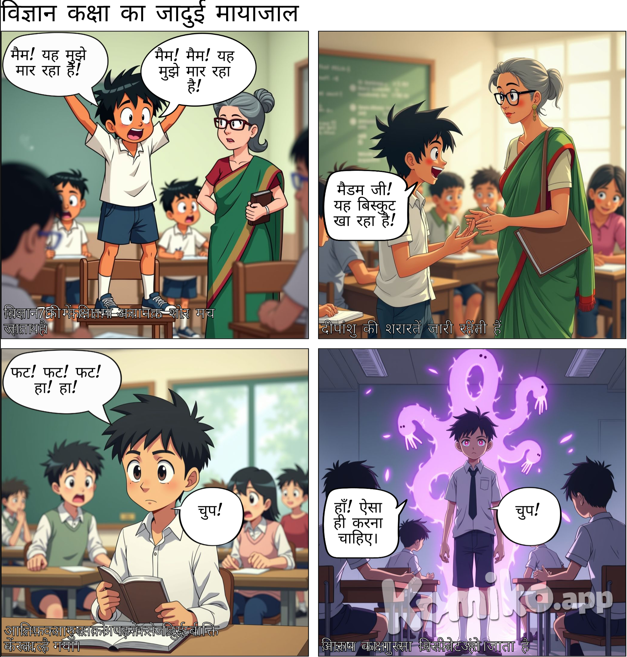 Class 7 B Mein Science Ka Class Hota Hai Ayor Mam aati Hai, Mas Notebook Check Kar Rahi Thi, Ek Ladka Tha Deepanshu First Seat par Chilla Raha Tha "Mam! Mam!Mam!Mam!Yah Mujhe Maar Raha! " Tabhi Mam Kahti Hai "Yah Khada Ho Ja" Kuch Der Baad Deepanshu Piche Mudkar 2nd Seat hale Boys ke saath Coins Ke Saath Khel Raha Tha Deepanshu Kehta Hai "Madam Ji! Yah Biscuit Kha Raha Hai !" Iss se Pahele Ek Aur Chiz Hui Thi. Mam Ne Atif, Aarya, Aakarsh Noom Ke 3 Boys Ko Hamare Saamne Classroom ke Andar khada Kiya. Aarush Reading Karta Hai Tabhi Atif Distrub karta hai Phat! Phat! Phat! Haa! Haa! Kai Tarah Se Badmashi Karta Hai Tabhi Aarush Gusse Mein Uske Body Se Purple Hawa Udata Hai Aur Bahut Zor Se Chillata Hai "Chup" tabhi wah Blast Hakar 3 Snakes Dikhaye deta Hai Aur Sidha Unn 3 Boys Ke Upar Attack Karta Hai. Phir se Class Blast Ho Jata Hai Aur Aarush Normal Body Mein Aa Jata Hai Aur Saare Bacche Shock Ho Jata. Mam Behosh Se Hosh Mein Aati Hai aur Kahta Hai "Haa! Aisa Hi Karna Chahiye" Saare Students Hooting Aur Clapping Karte Hai.