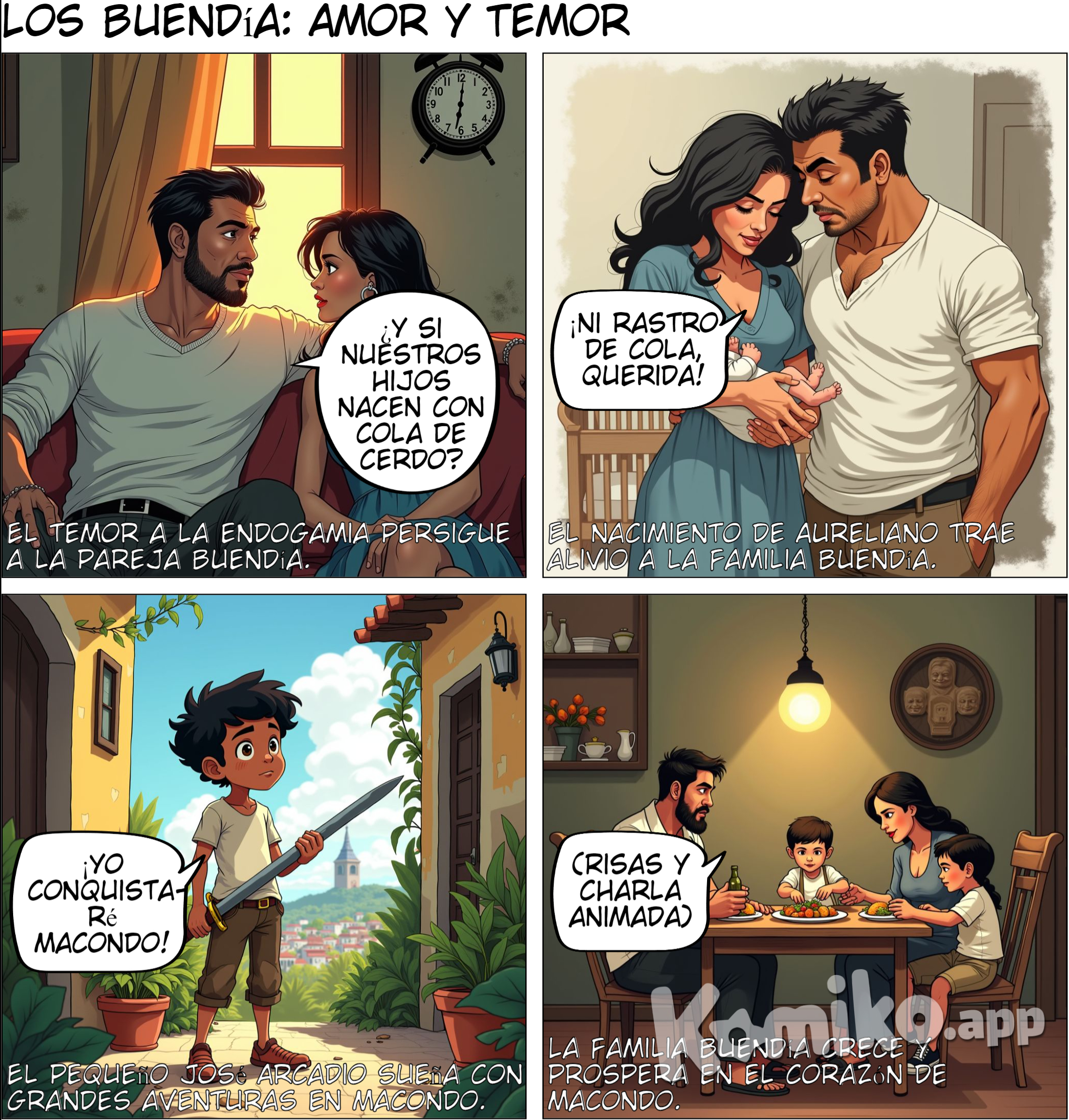 Capítulo 2: Los Buendía Escenario: La casa de los Buendía. Eventos principales: La historia de amor entre José Arcadio y Úrsula, el miedo de tener hijos con "cola de cerdo". Nacimiento de sus hijos José Arcadio y Aureliano. Personajes clave: José Arcadio, Úrsula, sus dos hijos. Enfoque infantil: Enfatiza la importancia de la familia y cómo los niños Buendía comienzan a descubrir Macondo.  continua con los personajes del comic anterior para seguir con la secuencia