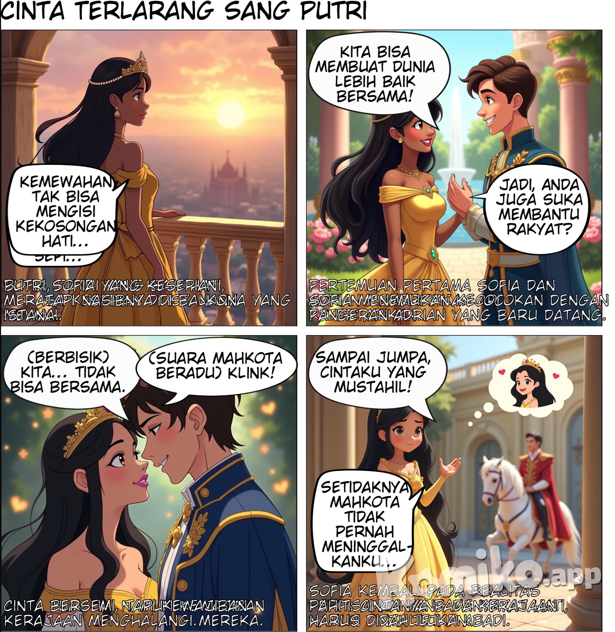 Pada suatu masa, di sebuah kerajaan yang megah, hiduplah seorang putri bernama Sofia. Sofia dikenal oleh rakyatnya karena kebaikannya dan sikap bijaknya. Ia selalu menemani rakyatnya dalam suka dan duka. Namun, meskipun hidupnya penuh kemewahan, Sofia merasa kesepian. Ayahnya, Raja Alvaro, selalu sibuk dengan urusan kerajaan, sementara ibunya, Ratu Eliza, meninggal saat ia masih kecil. Suatu hari, kerajaan itu kedatangan seorang pangeran dari negeri tetangga, Pangeran Adrian. Ia datang untuk berunding tentang perdamaian antara kedua kerajaan. Saat pertama kali bertemu, Sofia merasa ada sesuatu yang berbeda. Pangeran Adrian, yang tampan dan karismatik, tidak hanya pandai berbicara, tetapi juga memiliki kebaikan yang sama seperti dirinya. Mereka berbicara tentang banyak hal, mulai dari kehidupan di istana hingga impian mereka untuk dunia yang lebih baik. Hari demi hari, keduanya semakin akrab. Pangeran Adrian sering menemani Sofia berjalan di taman istana, berbagi cerita tentang kerajaan mereka masing-masing. Dalam perjalanan waktu, mereka mulai menyadari bahwa mereka saling mencintai. Namun, meskipun ada ikatan hati yang kuat, mereka tidak bisa mengabaikan tanggung jawab mereka sebagai pewaris kerajaan. Suatu hari, setelah negosiasi selesai, Pangeran Adrian harus kembali ke negerinya. Mereka berdiri di gerbang istana, saling memandang dengan mata penuh harapan. Pangeran Adrian memegang tangan Sofia dan berkata, "Meskipun kita berasal dari kerajaan yang berbeda, cinta kita adalah jembatan yang akan menghubungkan dua dunia." Sofia tersenyum, dan meskipun perpisahan terasa berat, mereka tahu bahwa cinta mereka akan selalu ada, menguatkan keduanya dalam menjalani tugas sebagai pemimpin di kerajaan mereka masing-masing.