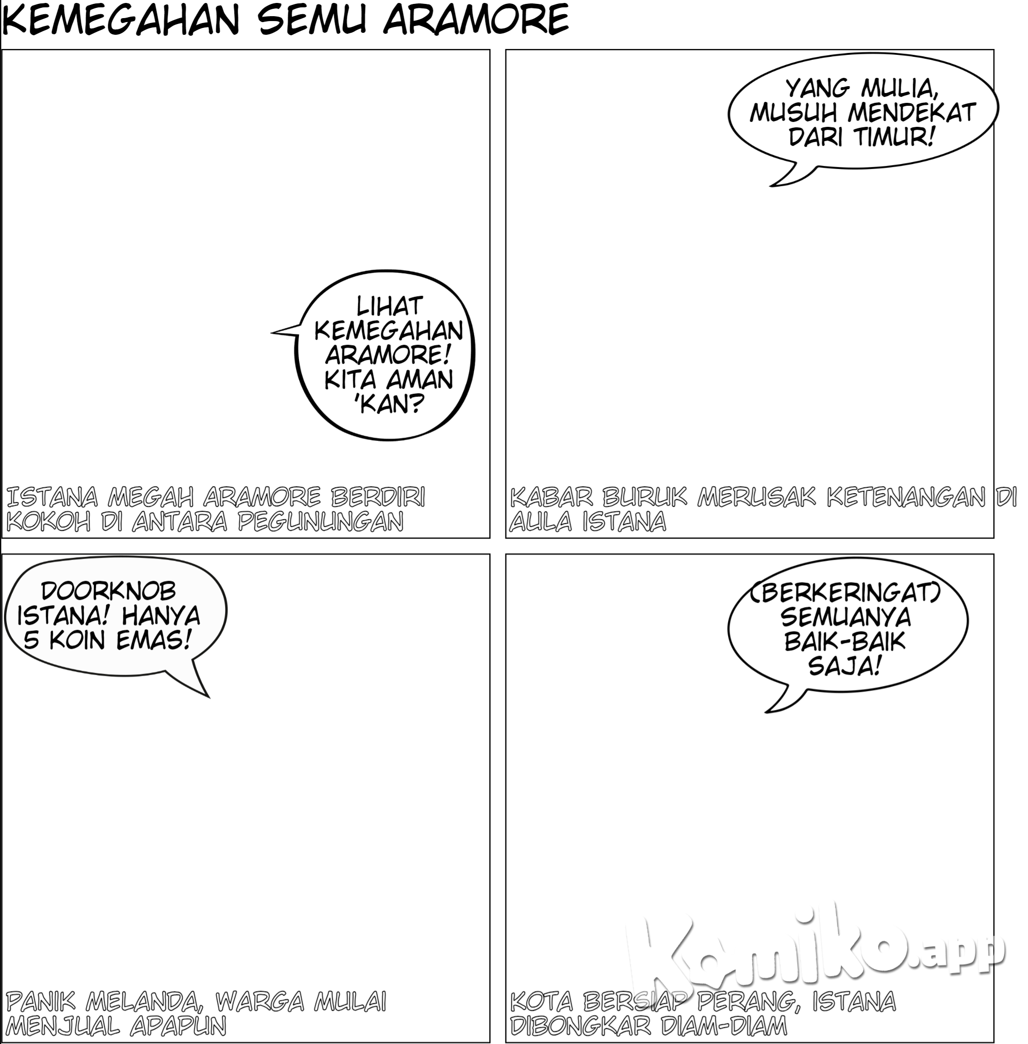 Di sebuah lembah yang dikelilingi oleh pegunungan tinggi, berdirilah sebuah kerajaan megah bernama Aramore. Istana pusat kerajaan ini menjulang, dengan menara-menara emas yang berkilauan di bawah sinar matahari. Gerbang-gerbang batu besar melindungi istana dari dunia luar, dihiasi dengan ukiran naga dan burung phoenix yang melambangkan kekuatan dan kebangkitan. Di dalamnya, aula utama dipenuhi oleh lantai marmer berwarna putih dengan aksen emas, di mana tahta raja berada—sebuah kursi besar yang diukir dari batu giok dan diselimuti oleh bendera kerajaan yang megah. Di luar istana, pasar kerajaan penuh dengan warga yang sibuk berdagang, sementara pasukan berkuda patroli di sepanjang tembok kota yang kokoh. Semua orang di kerajaan tahu, masa damai ini mungkin tidak akan bertahan lama. Gerakan musuh dari arah timur mulai terasa, membawa ancaman perang yang akan mengguncang tanah Aramore.