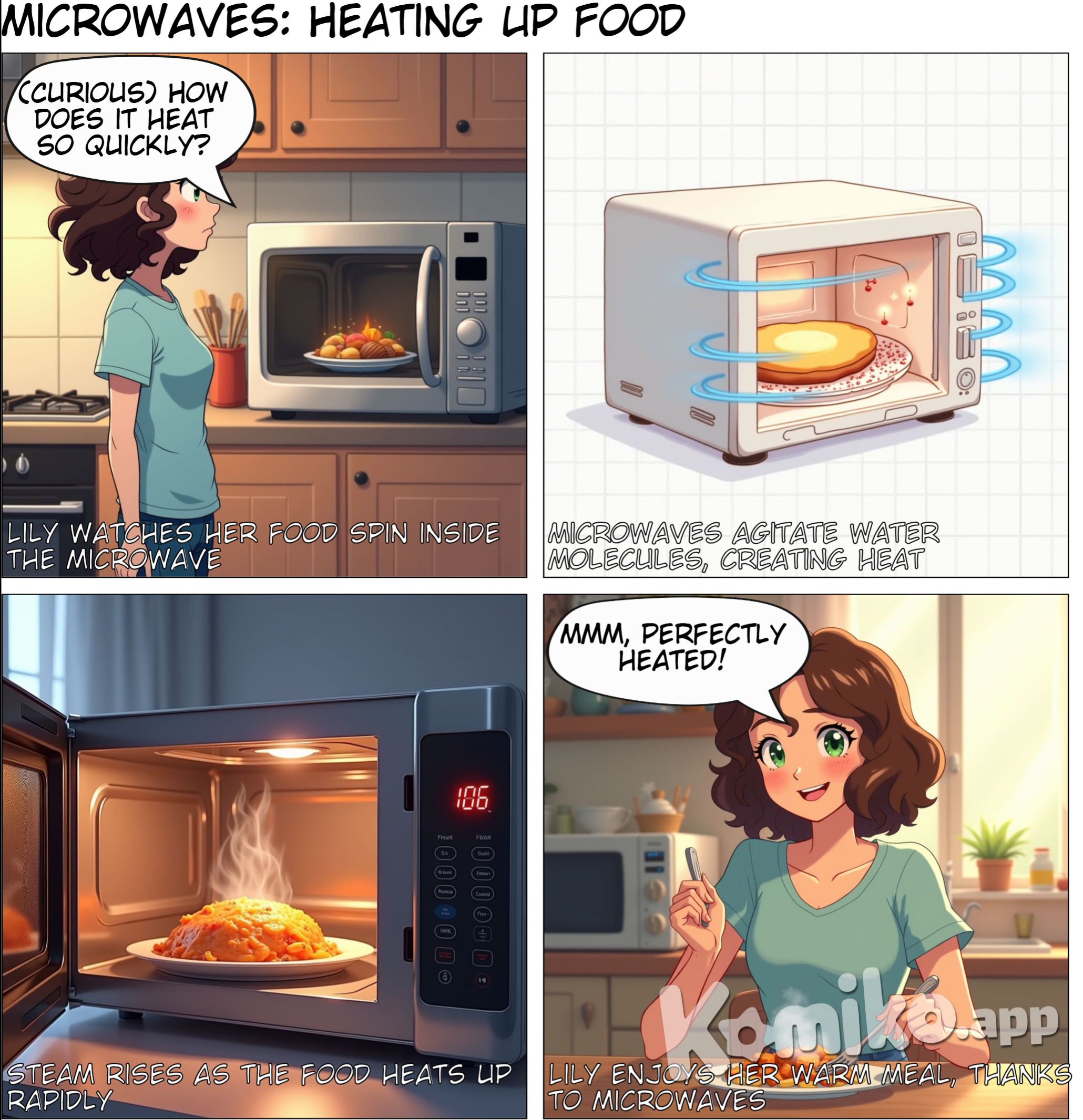 Page 2 Title: Microwaves: Heating Up Your Food Panel 1: Lily is standing in front of a microwave oven, watching food heat up inside. Lily: (Curious) How does the microwave make the food hot so quickly? Panel 2: A diagram showing microwaves being absorbed by water molecules in food, causing them to vibrate and generate heat. Panel 3: A close-up of the food, showing steam rising as it heats up. Panel 4: Lily smiles, enjoying a warm meal made possible by microwaves.