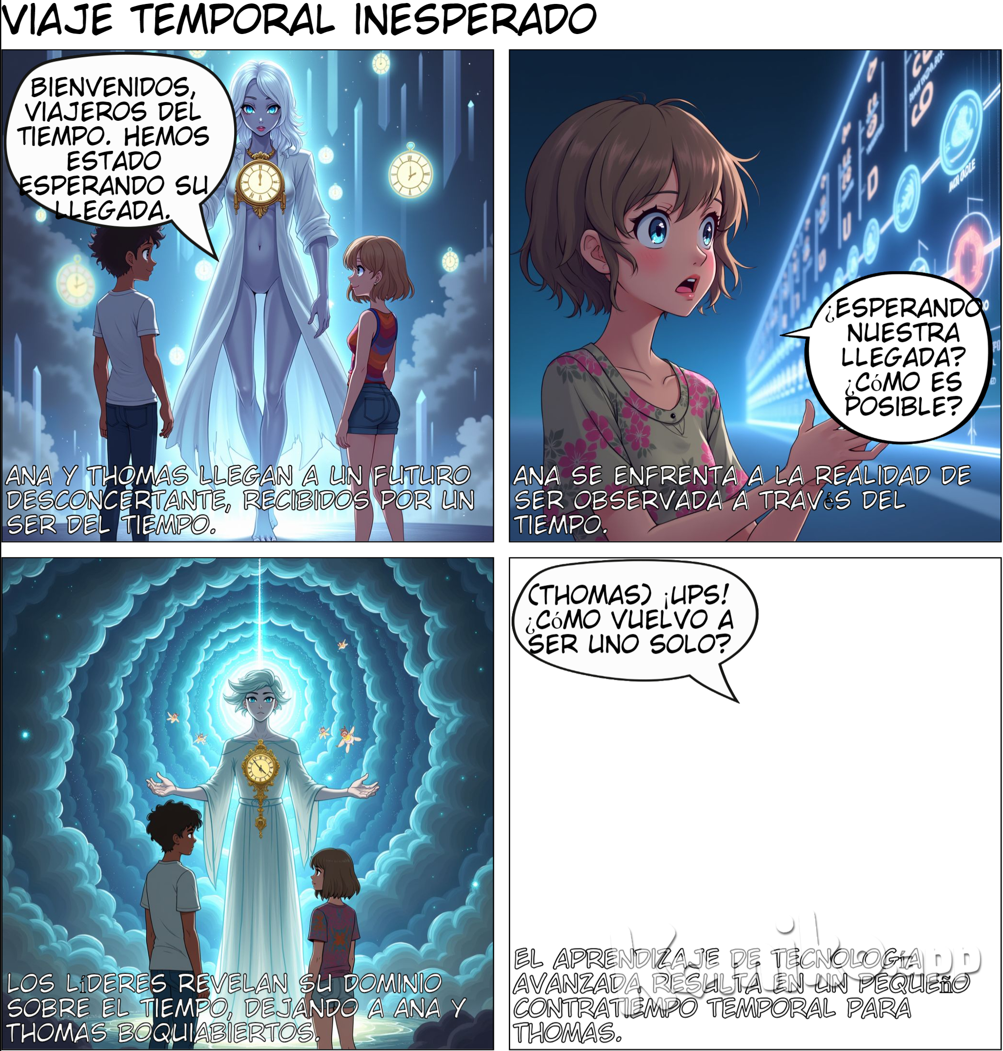 Personajes principales  Thomas: Un joven introvertido, de pelo corto y crespo, de color café no tan oscuro, alto y musculoso, de piel morena, ojos color avellana y facciones delicadas  Ana: Una joven curiosa, de pelo corto y ondulado, de color castaño claro, de estatura media y de contextura delgada, de piel blanca, con ojos claros, y facciones suaves y delicadas Página 10: La Civilización del Tiempo Viñeta 1: (Ana y Tom son recibidos por los líderes de la civilización) •	Diálogo Líder: “Bienvenidos, viajeros del tiempo. Hemos estado esperando su llegada.” •	Diálogo Ana: “¿Esperando nuestra llegada? ¿Cómo es posible?” Viñeta 2: (Los líderes explican su dominio del tiempo) •	Texto: “Los líderes explicaron que su civilización había estado observando a Ana y Tom, esperando el momento adecuado para contactarlos.” Viñeta 3: (Ana y Tom aprenden sobre las tecnologías avanzadas) •	Texto: “Ana y Tom comenzaron a aprender sobre las tecnologías avanzadas de la civilización, maravillados por lo que descubrían.”