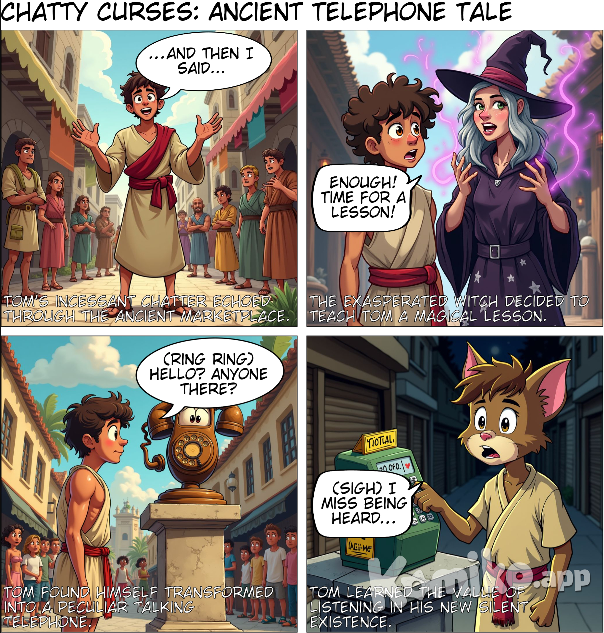 In ancient time a guy who got turn in to a telephone by a which because he like to talk to others too much