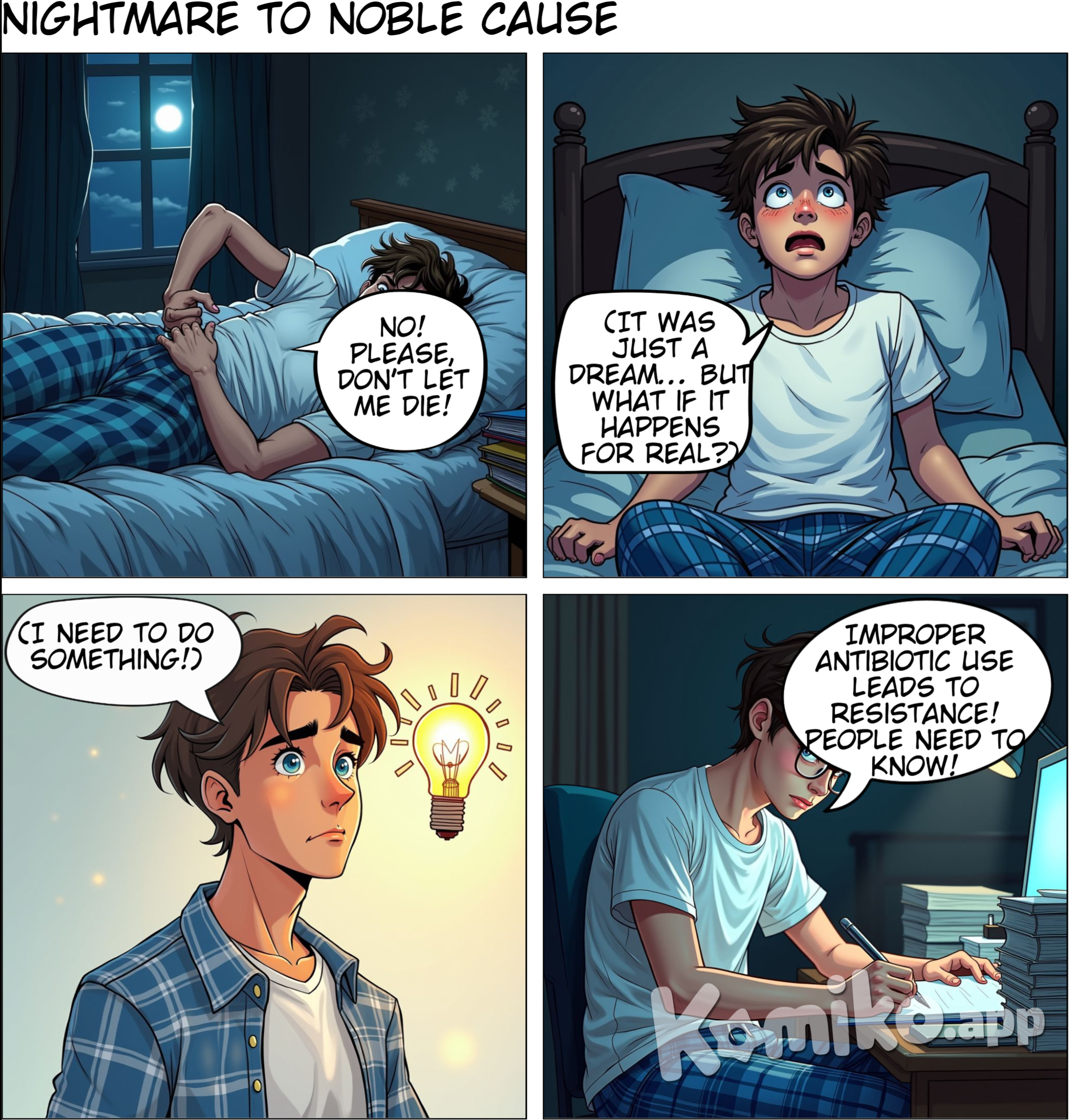 Comic Title: "Awakening"  Panel 1: (A dark room, with moonlight shining through the window. A medical student, JAKE, is tossing and turning in bed, his face twisted in fear.) Caption: "Nightmares can feel so real…" Speech Balloon (from Jake): "No! Please, don’t let me die!"  Panel 2: (Suddenly, JAKE sits straight up in bed, breathing heavily, sweat on his forehead.) Caption: "But sometimes, they carry a wake-up call." Speech Balloon (thought bubble from Jake): "It was just a dream… But what if it happens for real?"  Panel 3: (Close-up of JAKE's determined face, a light bulb above his head.) Caption: "Time for action!" Speech Balloon (thought bubble from Jake): "I need to do something!"  Panel 4: (JAKE sitting at a desk, surrounded by books and a laptop, scribbling notes passionately.) Caption: "Researching the issue…" Speech Balloon (to himself): "Improper antibiotic use leads to resistance! People need to know!"  Panel 5: (JAKE standing in front of a community bulletin board, pinning a colorful flyer titled "Fight Antibiotic Resistance!") Caption: "Spreading the message…" Speech Balloon (thought bubble from Jake): "Let’s make sure they understand the risks!"  Panel 6: (A small community gathering. JAKE stands at a podium, speaking with passion to an attentive audience.) Caption: "Educating the community…" Speech Balloon (from Jake): "Antibiotic resistance isn't just a medical issue; it’s a threat to us all!"  Panel 7: (Audience members are engaged, some taking notes, others nodding in agreement.) Caption: "Awareness is key!" Speech Balloon (audience member 1): "I didn’t know antibiotics could be so dangerous!" Speech Balloon (audience member 2): "What can we do to help?"  Panel 8: (JAKE smiling, feeling accomplished, with community members discussing and sharing ideas.) Caption: "A journey begins with a single step." Speech Balloon (from Jake): "Together, we can make a difference!"  Panel 9: (JAKE looking out the window as the sun rises, a sense of hope in his expression.) Caption: "And sometimes, a dream leads to a brighter reality." Speech Balloon (thought bubble from Jake): "This is just the beginning…"  End of Comic Caption at the bottom: "Let’s be smart about antibiotics. Knowledge is a powerful tool!"