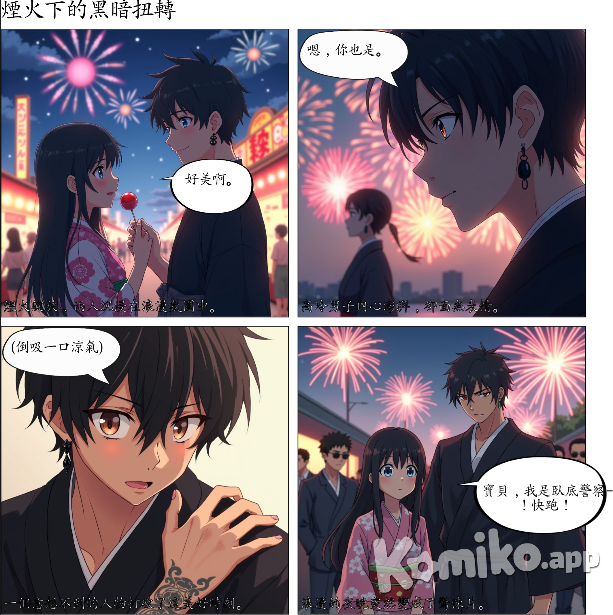 ChatGPT 4o mini 登入 你說: 在日本的夏夜祭,身穿著黑色和服,耳朵上還打了個黑色耳環,180的身高,五官精緻,有這個桃花眼與高挑身材的高冷黑髮男子和粉白色浴衣,160身高活潑披著頭髮的黑髮藍眸女子兩人一手拿著一隻蘋果糖,女子邊笑邊說的跟男子說話,男子漫不經心的聽著一邊牽著她的手,兩人就這樣走在路上。 夜晚與燈光的照耀下,喧囂的人群以及熱鬧的攤販,再過幾秒...煙火在黑夜中綻放,男子看著女子,而女子並不知道他在看著自己正開心說著:「好美啊。」 「嗯。」你也是。 ChatGPT 說: ChatGPT 在日本的夏夜祭,夜空中煙火綻放,喧鬧的人群映襯著五彩的燈光。身穿黑色和服的高冷男子,耳垂上垂著黑色耳環,身高180的他,面容精緻,桃花眼流露出淡淡的關注。他牽著身旁的女子,那位身穿粉白色浴衣的活潑少女,160的身高,黑髮披肩,藍色眼眸閃爍著燦爛的光芒。 她一手握著蘋果糖,笑著對他說:「好美啊。」在她的話語中,隱藏著無限的喜悅與期待。男子漫不經心地回應,目光卻深深注視著她的臉,心中默默思索:「嗯,你也是。」這一刻,兩人的世界只剩下彼此,周遭的一切都似乎在此刻靜止,化為最美的瞬間。 你說: 在日本的夏夜祭,夜空中煙火綻放,喧鬧的人群映襯著五彩的燈光。身穿黑色和服的高冷男子,耳垂上垂著黑色耳環,身高180的他,面容精緻,桃花眼流露出淡淡的關注。他牽著身旁的女子,那位身穿粉白色浴衣的活潑少女,160的身高,黑髮披肩,藍色眼眸閃爍著燦爛的光芒。 她一手握著蘋果糖,笑著對他說:「好美啊。」在她的話語中,隱藏著無限的喜悅與期待。男子漫不經心地回應,目光卻深深注視著她的臉,心中默默思索:「嗯,你也是。」這一刻,兩人的世界只剩下彼此,周遭的一切都似乎在此刻靜止,化為最美的瞬間。 翻成英文At a summer festival in Japan, fireworks burst in the night sky, and the bustling crowd is illuminated by colorful lights. A tall, aloof man dressed in a black kimono, with black earrings dangling from his ears, stands at 180 cm. His refined features and peach blossom eyes reveal a hint of attention. He holds the hand of a lively girl beside him, who wears a pink and white yukata, standing at 160 cm. Her long black hair cascades over her shoulders, and her blue eyes sparkle with joy. She holds a candy apple in one hand and smiles at him, saying, "It's beautiful." Hidden in her words is boundless joy and anticipation. The man responds casually, yet his gaze is deeply focused on her face, silently thinking, "Yeah, you are too." In that moment, their world seems to consist of only each other, and everything around them fades into stillness, becoming the most beautiful moment.