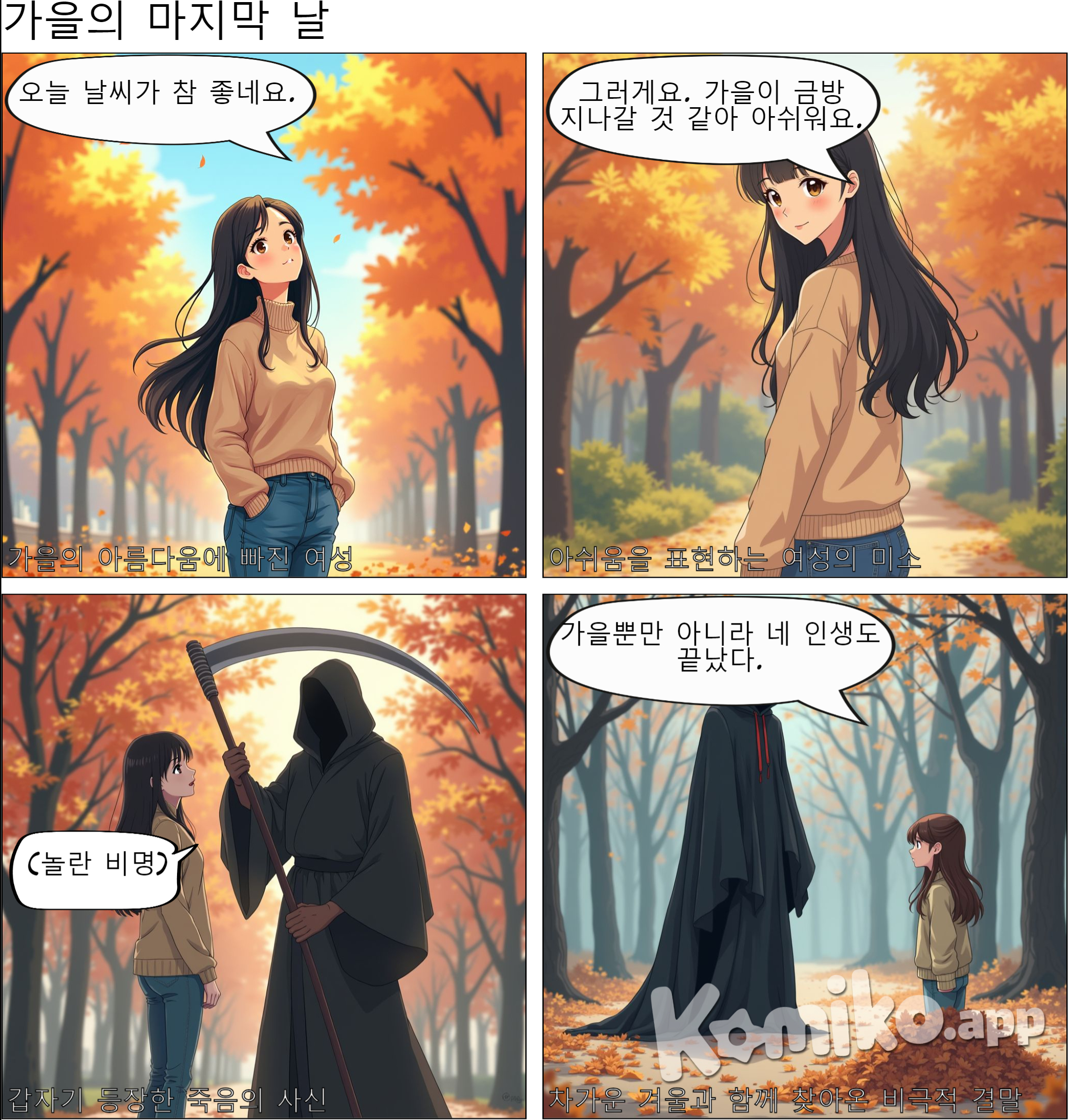 "오늘 날씨가 참 좋네요."  그녀는 살짝 고개를 돌리며 미소 지었다. "그러게요. 가을이 금방 지나갈 것 같아 아쉬워요."