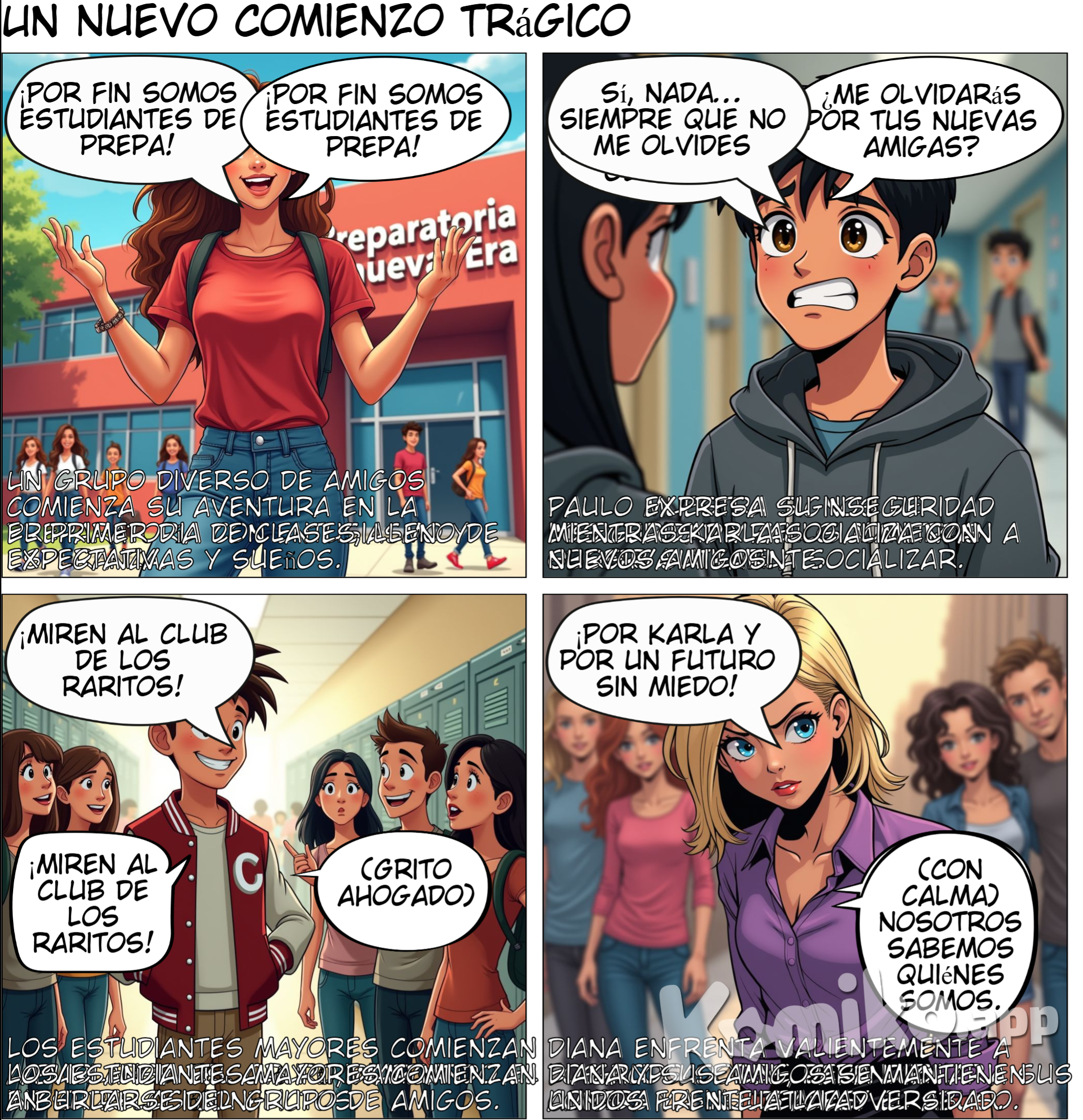 Capítulo 1: Un Nuevo Comienzo (El grupo de amigos llega entusiasmado a la prepa. Se presentan sus personalidades mientras comparten sueños para el futuro.) Karla: (Sociable y carismática) “¿Se dan cuenta? ¡Por fin somos estudiantes de prepa! ¡Nada nos va a detener!” Paulo: (Sonriendo, pero algo inseguro) “Sí, nada… siempre y cuando no me olvides por tus nuevas amigas, ¿eh?” (Otros personajes muestran sus personalidades únicas :) Luna y Manolo: Pareja estable, siempre positivos. Mika: Alegre y extrovertida. Diana y Elizabeth: Novias orgullosas, luchando contra el prejuicio. Mau: Gay, aún en el armario. Alex: Travesti y asexual, tímido pero auténtico. Carlos: Transexual, reflexivo y protector. (En el fondo, los estudiantes mayores empiezan a burlarse de ellos, marcando el inicio de los conflictos.) Estudiante alcalde: “¡Miren al club de los raritos! Seguro creen que van a cambiar el mundo.” Carlos: (Con calma) “Que hablen lo que quieran. Nosotros sabemos quiénes somos.” Capítulo 2: La tragedia de Karla y Paulo Escena 1: El Inicio de los Celos (Paulo se muestra cada vez más celoso cuando Karla pasa más tiempo con sus amigas. Una tarde, tienen su primera gran discusión.) Paulo: (Molesto) “Siempre estás con ellas, Karla. Antes éramos tú y yo, ¿qué pasó?” Karla: (Tratando de calmarlo) “Paulo, las quiero mucho, pero eso no significa que no me importa”. Paulo: (Frunce el ceño) “Pues no lo parece. Estoy cansado de ser tu segunda opción.” (La relación se deteriora rápidamente, y Paulo comienza a volverse más agresivo. Durante una discusión en su casa, la golpea por primera vez.) Karla: (Gritando) “¡Déjame! ¿Qué te pasa, Paulo?” Paulo: (Horrorizado por su propia acción) “Lo siento… es que me haces enojar. ¡No volverá a pasar!” Escena 2: Feminicidio y Encubrimiento (Semanas después, durante otra discusión, Paulo pierde el control y asesina a Karla en un ataque de ira. Al día siguiente, finge estar devastado frente al grupo.) Paulo: (Llorando) “No puedo creer que alguien le haya hecho esto. ¡Era mi vida!” (El grupo lo consuela, pero Diana empieza a sospechar de él debido a inconsistencias en su historia.) Capítulo 3: Acoso y Tensión con los Estudiantes Mayores Escena 1: Primer Conflicto (El grupo comienza a destacar en la escuela por su activismo y unidad, lo que provoca más ataques de los estudiantes mayores.) Estudiante alcalde: “Miren, aquí vienen los defensores de causas perdidas. ¿Qué sigue, una marcha?” Diana: (Enfrentándolos) “¿Y qué si lo hacemos? Al menos nosotros hacemos algo útil.” Elizabeth: (Sonriendo sarcástica) “Sí, ¿por qué no vienes a aprender algo sobre respeto?” (Los ataques verbales se convierten en empujones y amenazas. Un día, Alex es acorralado en el baño por dos estudiantes mayores.) Estudiante alcalde: “¿Qué te crees, usando ropa de mujer? Das asco. (Alex logra escapar y se reúne con Carlos, quien lo apoya.) Carlos: (Enojado) “Esto tiene que parar. No podemos permitir que sigan intimidándonos”. Capítulo 4: Mika y el Abuso Sexual (Mika sufre un ataque sexual mientras regresa sola a casa. Semanas después, descubre que está embarazada y confía al grupo.) Mika: (Llorando) “No sé qué hacer. Me siento rota… no quiero seguir viviendo así.” Luna: (Abrazándola) “No estás sola, Mika. Vamos a salir adelante juntas.” (El grupo la apoya, contactando a una organización que le brinda ayuda psicológica y legal.) Capítulo 5: Revelación de la Verdad sobre Karla Escena 1: La Investigación (La policía inicia una investigación y encuentra evidencia incriminatoria contra Paulo: inconsistencias en su coartada, huellas en el cuerpo de Karla y mensajes de texto amenazantes.) Policía: “Paulo, estás bajo arresto por el feminicidio de Karla”. (Paulo intenta defenderse, pero las pruebas son contundentes. El grupo queda devastado por la noticia.) Luna: (Entre lágrimas) “Él… él estaba con nosotros todo este tiempo. ¡Nunca lo sospechamos!” Diana: (Seria) “Algunos sí lo sospechamos. Pero ahora, Karla tendrá justicia”. Capítulo 6: Un Nuevo Amanecer Escena 1: Justicia y Reconstrucción (Con Paulo en la cárcel y los estudiantes mayores sancionados por el acoso, el grupo encuentra fuerzas para seguir adelante. Mika decide continuar con su embarazo con apoyo de su familia y amigos.) Mika: (Sonriendo) “No sé qué me espera, pero estoy lista para enfrentarlo”. Escena 2: Unidad y Esperanza (El grupo organiza una marcha escolar para exigir justicia por Karla y luchar contra la violencia y el acoso en la prepa.) Luna: “Hoy marchamos por Karla, Mika y todos los que sufrieron. Queremos un mundo donde podamos ser quienes somos sin miedo.” (El cómic termina con una imagen del grupo marchando junto a otros estudiantes, con carteles que dicen: “Justicia para Karla”, “No más violencia” y “Respeto e inclusión para todos”.)
