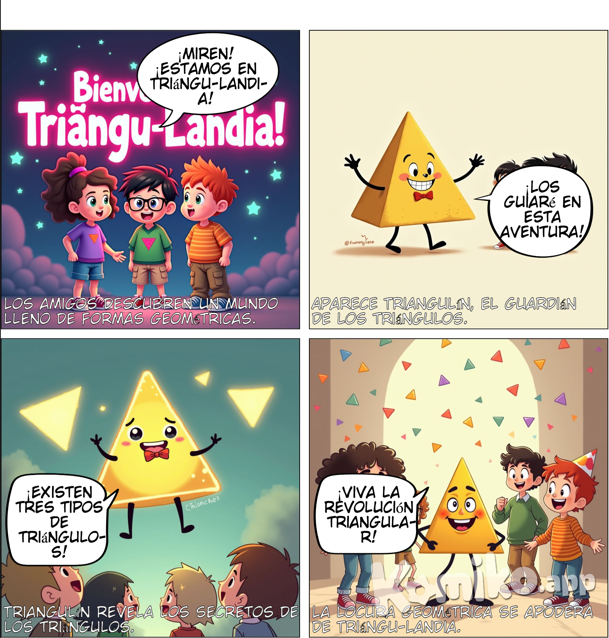 Capítulo 1: La aventura de los triángulos Viñeta 1:  Descripción: Los tres amigos, Tina, Álex y Nico, caminan por un sendero en un mundo lleno de figuras geométricas. De repente, encuentran un gran cartel en el camino que dice: “¡Bienvenidos a Triángu-Landia!” Tina: (con entusiasmo) ¡Miren! ¡Estamos en Triángu-Landia! Álex: ¡Aquí encontraremos todos los tipos de triángulos! Nico: (curioso) ¿Cuántos tipos de triángulos habrá? Viñeta 2:  Descripción: Aparece una figura amigable, un triángulo parlante con cara sonriente y brazos, llamado Triangulín. Triangulín: ¡Hola, chicos! Soy Triangulín, el guardián de los triángulos. ¡Los guiaré en esta aventura! Álex: ¡Genial! Pero, Triangulín, ¿qué tipos de triángulos hay? Viñeta 3:  Descripción: Triangulín dibuja en el aire tres triángulos de distintos tamaños y formas. Triangulín: Existen tres tipos de triángulos, dependiendo de sus lados. Ellos son: Equilátero: ¡Todos sus lados son iguales! Isósceles: Tiene dos lados iguales. Escaleno: ¡Todos sus lados son diferentes! Viñeta 4:  Descripción: Aparece un triángulo equilátero luminoso, flotando en el aire. Tina: (señalando al triángulo) ¡Este debe ser el triángulo equilátero! Triangulín: ¡Exacto, Tina! Todos sus lados son del mismo tamaño y sus ángulos también son iguales. Viñeta 5:  Descripción: Ahora, aparece un triángulo isósceles. Dos de sus lados brillan con el mismo color. Nico: ¡Miren! Este tiene dos lados iguales. Debe ser el isósceles. Triangulín: ¡Muy bien, Nico! Dos lados iguales, y los ángulos opuestos a esos lados también son iguales. Viñeta 6:  Descripción: El último triángulo, el escaleno, aparece y se nota que cada lado tiene una longitud diferente. Álex: (entusiasmado) ¡Este es el escaleno! ¡Todos sus lados son diferentes! Triangulín: ¡Correcto! Y lo mejor es que también tiene ángulos diferentes. Viñeta 7:  Descripción: Los niños están maravillados, rodeados de los tres tipos de triángulos. Tina: ¡Qué increíble! Nunca pensé que los triángulos fueran tan diferentes. Nico: (pensando) Pero, ¿solo hay triángulos según sus lados? Viñeta 8:  Triangulín: ¡Buena pregunta, Nico! También hay triángulos según sus ángulos. Pero esa es una historia para el próximo capítulo… Álex: ¡Ya quiero saber más! ¡Vamos a seguir explorando!