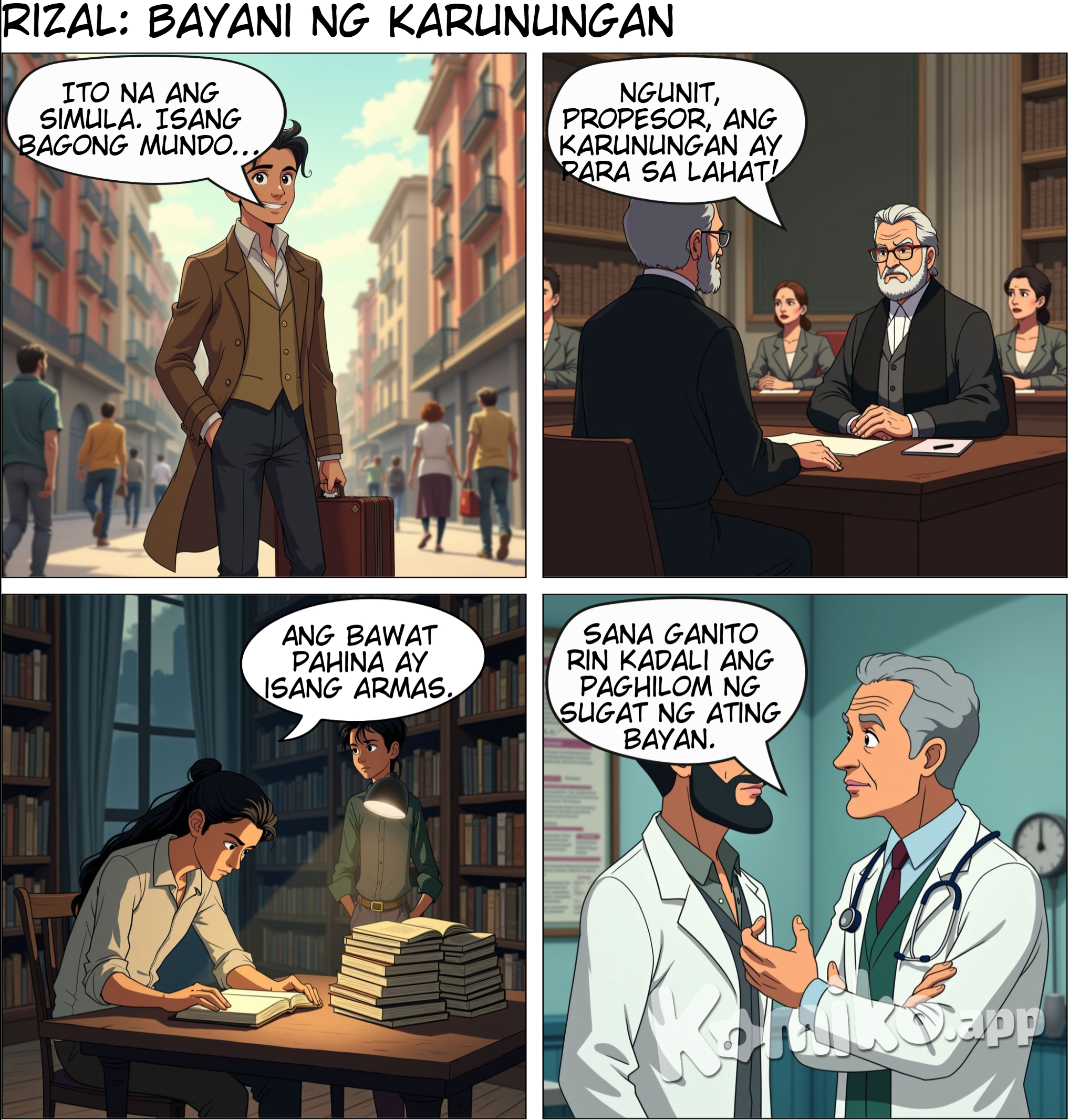 Rizal sa Ibayong Dagat: Mga Aral at Pakikibaka"  Panel 1 (Tagpo: Rizal dumating sa Madrid, may dalang maleta at nakatingin sa paligid.) Rizal (monologo): "Ito na ang simula. Isang bagong mundo, ngunit dala ko ang bigat ng bayan sa aking balikat."  Panel 2 (Tagpo: Rizal sa klase sa Universidad Central de Madrid, nakikinig habang ang propesor ay nagtuturo.) Propesor: "Ang agham at sining ay para lamang sa mas mayayaman." Rizal: "Ngunit, Propesor, ang karunungan ay para sa lahat. Ito ang tunay na layunin ng edukasyon!"  Panel 3 (Tagpo: Rizal sa aklatan, napapalibutan ng mga libro, nagbabasa nang masigasig.) Kaibigan: "José, hindi ka ba napapagod? Lagi kang nag-aaral." Rizal: "Ang bawat pahina ay isang armas. Kailangan kong maghanda para sa labang naghihintay."  Panel 4 (Tagpo: Rizal kasama ang mga kapwa Pilipino sa Europa, nag-uusap tungkol sa kalayaan.) Kaibigan 1: "Kailangan nating magkaisa, Rizal. Ang reporma ay hindi madali." Rizal: "Hindi ako natatakot sa hirap. Ang mahalaga ay ang gisingin ang diwa ng ating mga kababayan."  Panel 5 (Tagpo: Rizal sa Paris, sa ospital habang nag-aaral ng medisina.) Doctor: "Señor Rizal, mahusay ang iyong trabaho. Ang mga mata ng pasyente ay nailigtas mo." Rizal (ngumingiti): "Salamat, Doktor. Sana ganito rin kadali ang paghilom ng sugat ng ating bayan."  Panel 6 (*Tagpo: Rizal sa Alemanya, sinusulat ang Noli Me Tangere.) Rizal (monologo): "Ang bawat salita sa aklat na ito ay para sa ating bayan. Sana'y magising sila sa katotohanan."  Panel 7 (Tagpo: Rizal kausap ang isang guro sa Heidelberg habang tinitingnan ang mga halaman.) Guro: "Rizal, bakit interesadong-interesado ka sa kalikasan?" Rizal: "Dahil dito ko natututuhan ang mga batas ng buhay—ang kalikasan ay nagpapakita ng katotohanan."  Panel 8 (Tagpo: Rizal sa harap ng isang barko, pauwi sa Pilipinas, bitbit ang kanyang mga natutunan.) Rizal (monologo): "Ang mundo ay naging aking paaralan. Ngayon, oras na upang ilapat ang aking mga natutunan para sa kalayaan ng aking bayan."  Ang komiks na ito ay sumasalamin sa dedikasyon, karunungan, at pagmamahal ni Rizal sa Pilipinas habang hinuhubog siya ng kanyang mga karanasan sa ibayong dagat.