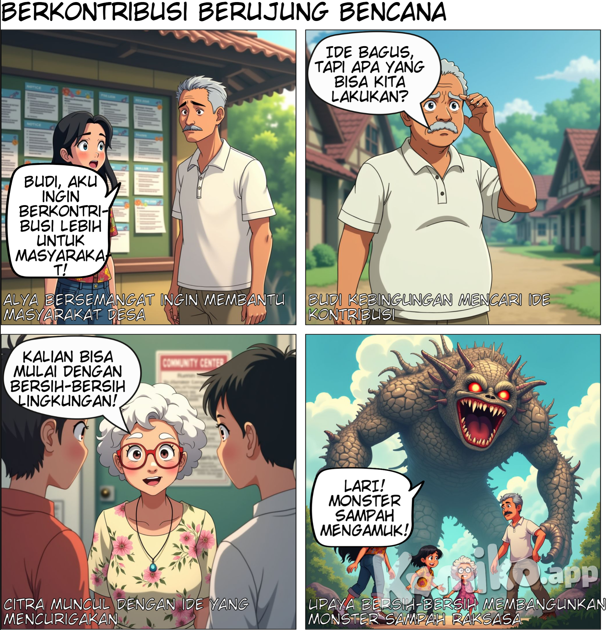 Halaman 1: Pembukaan Panel 1: Gambar: Alya dan Budi berdiri di depan papan pengumuman di pusat komunitas di desa . Alya: “Budi, aku ingin berkontribusi lebih banyak untuk masyarakat!” Panel 2: Gambar: Budi terlihat berpikir sambil menggaruk kepala. Budi: “Itu ide bagus, Aly! Tapi, apa yang bisa kita lakukan?” Panel 3: Gambar: Citra muncul dengan senyuman. Citra: “Kalian bisa mulai dengan kegiatan bersih-bersih lingkungan!”
